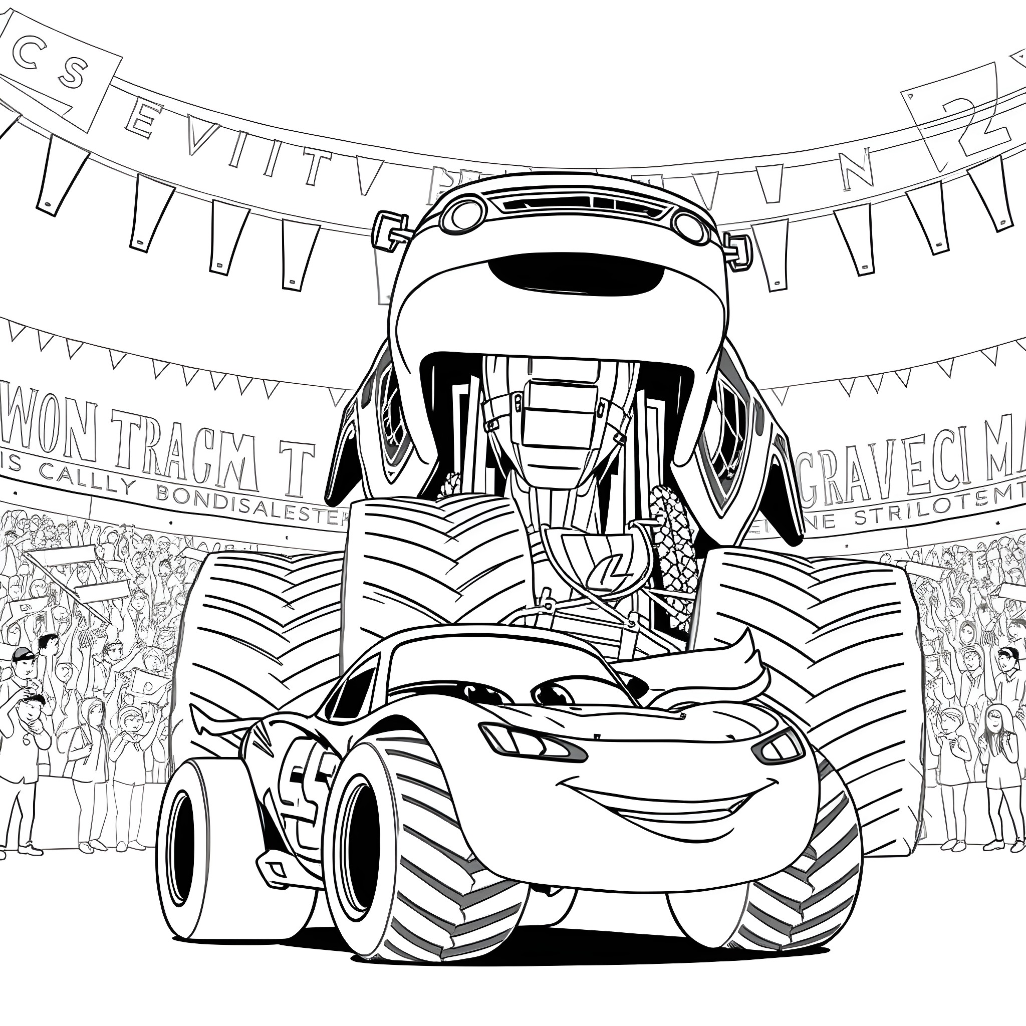 Lightning McQueen taking part in a monster truck rally Coloring Page (free black-and-white line drawing printable PDF for all, from beginners to advanced learners, including children, teens, adults, and seniors)
