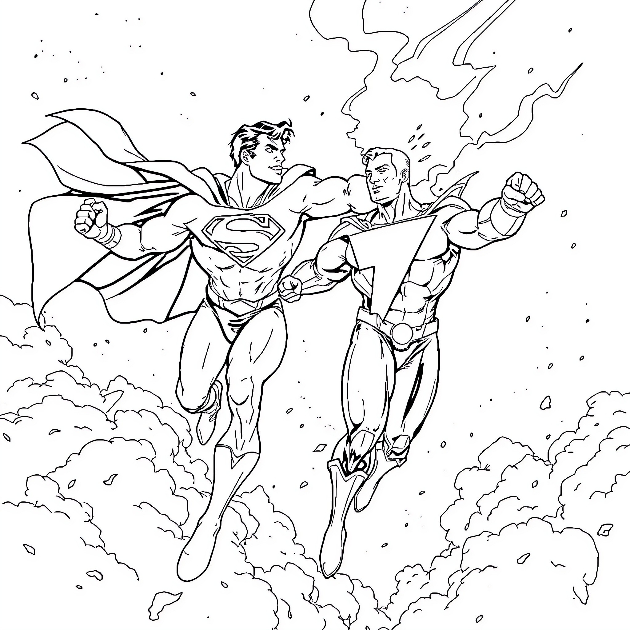 Superman battling a powerful foe in the sky Coloring Page (free black-and-white line drawing printable PDF for all, from beginners to advanced learners, including children, teens, adults, and seniors)