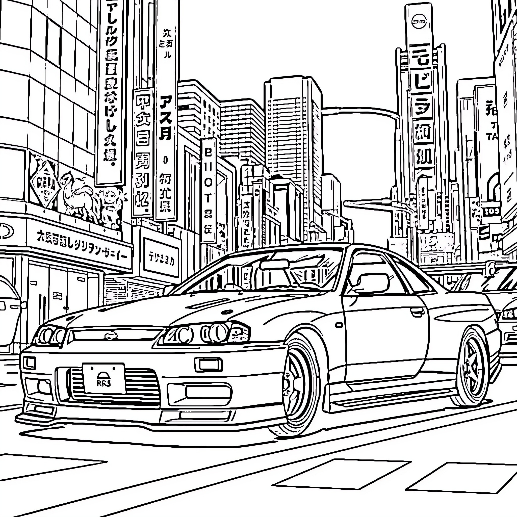 Nissan R34 racing through the city streets Coloring Page (free black-and-white line drawing printable PDF for all, from beginners to advanced learners, including children, teens, adults, and seniors)