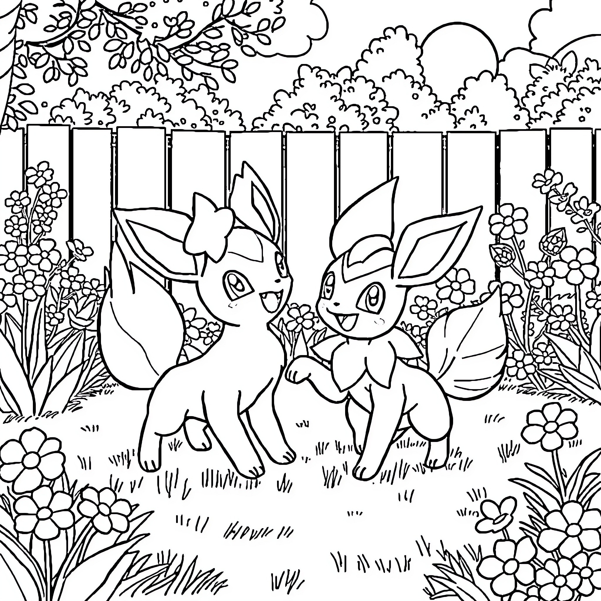Leafeon playing in a whimsical forest setting Coloring Page (free black-and-white line drawing printable PDF for all, from beginners to advanced learners, including children, teens, adults, and seniors)