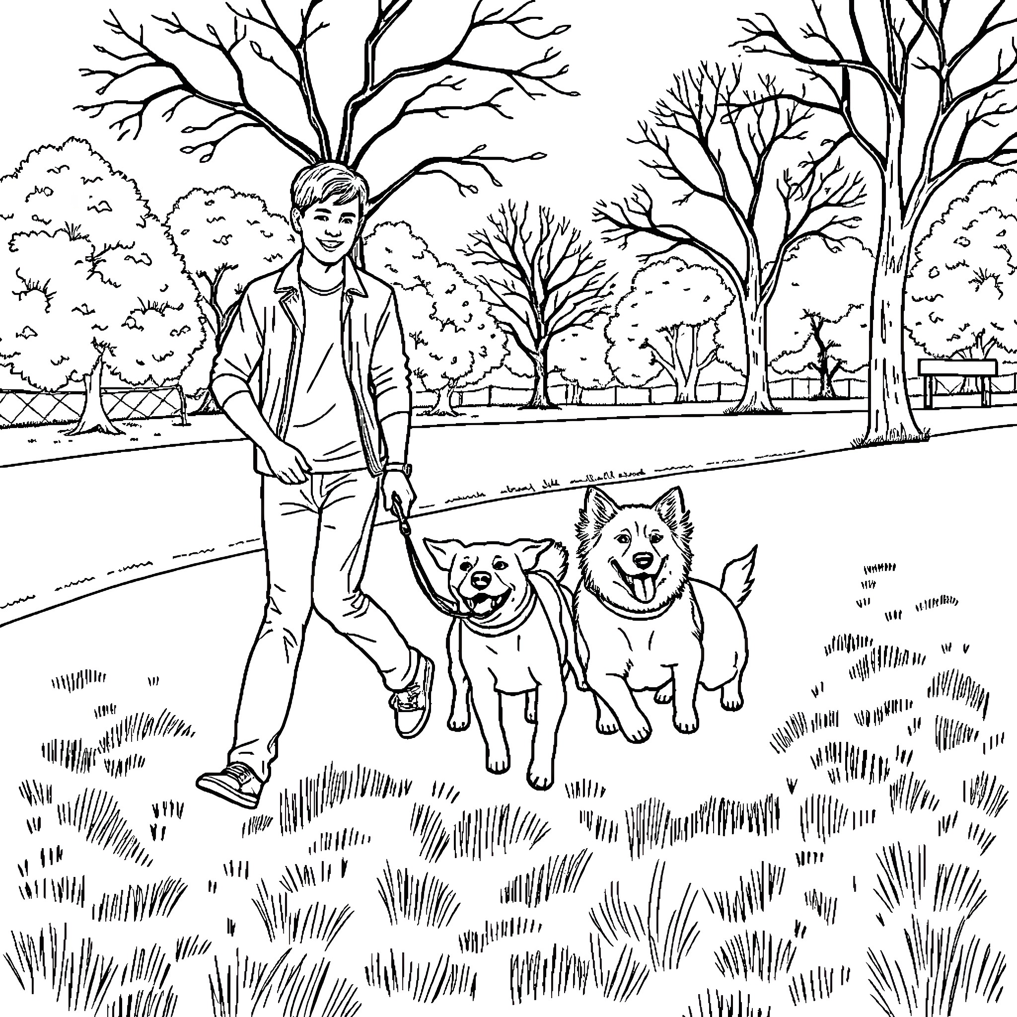 Man walking his cheerful dogs in the park Coloring Page (free black-and-white line drawing printable PDF for all, from beginners to advanced learners, including children, teens, adults, and seniors)