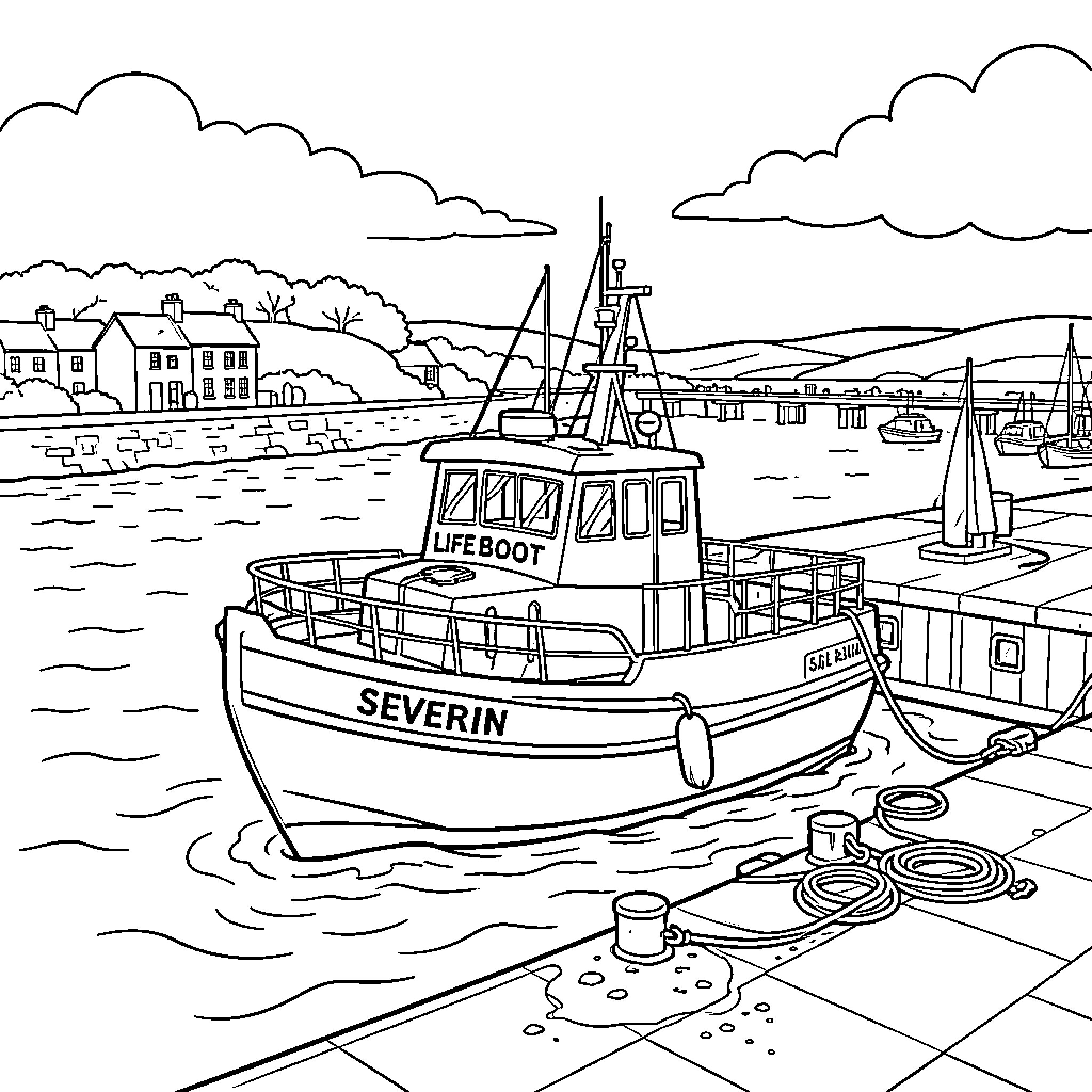 Lifeboat docked at the pier near a coastal town Coloring Page (free black-and-white line drawing printable PDF for all, from beginners to advanced learners, including children, teens, adults, and seniors)