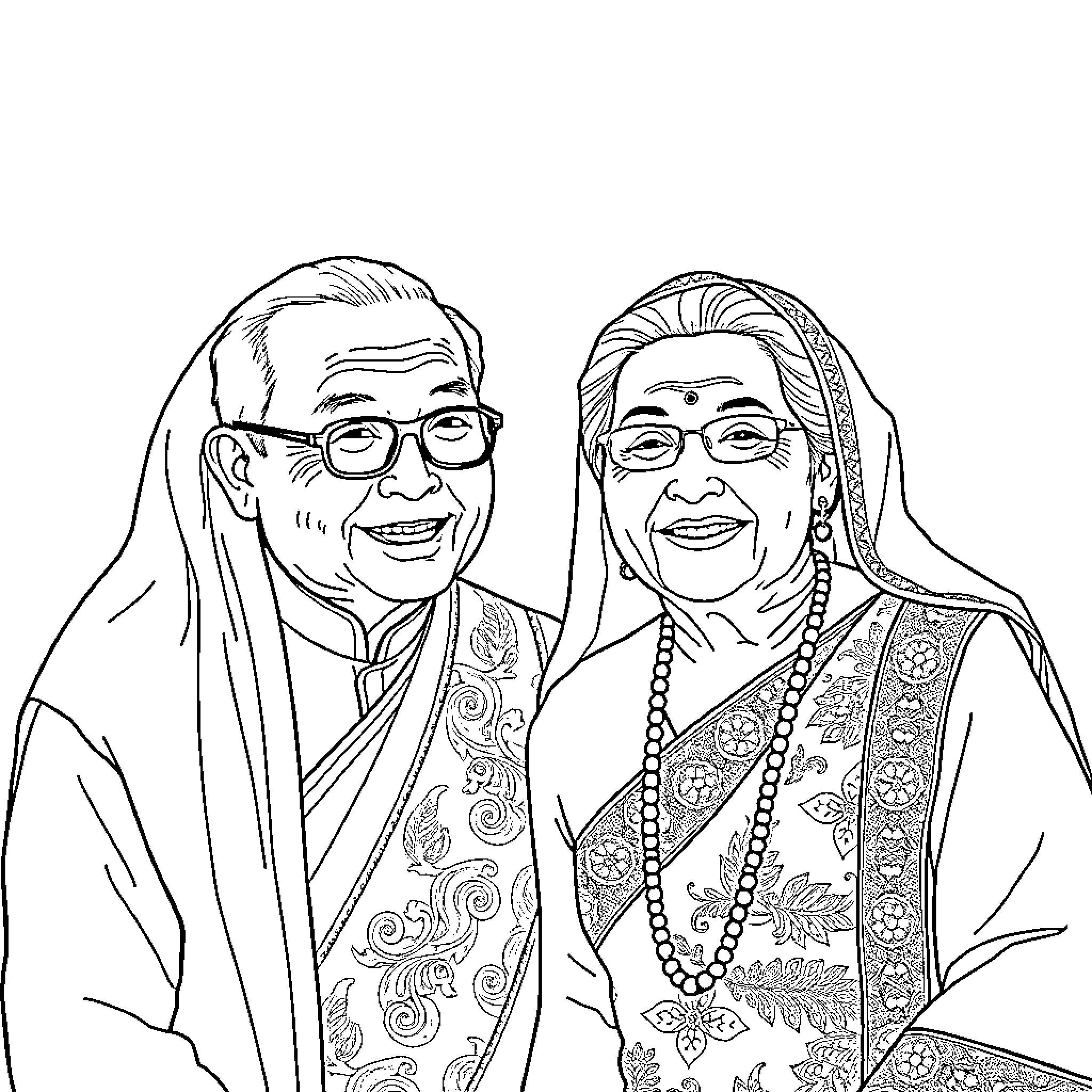 Grandparent Couple Enjoying Retirement Together Coloring Page (free black-and-white line drawing printable PDF for all, from beginners to advanced learners, including children, teens, adults, and seniors)
