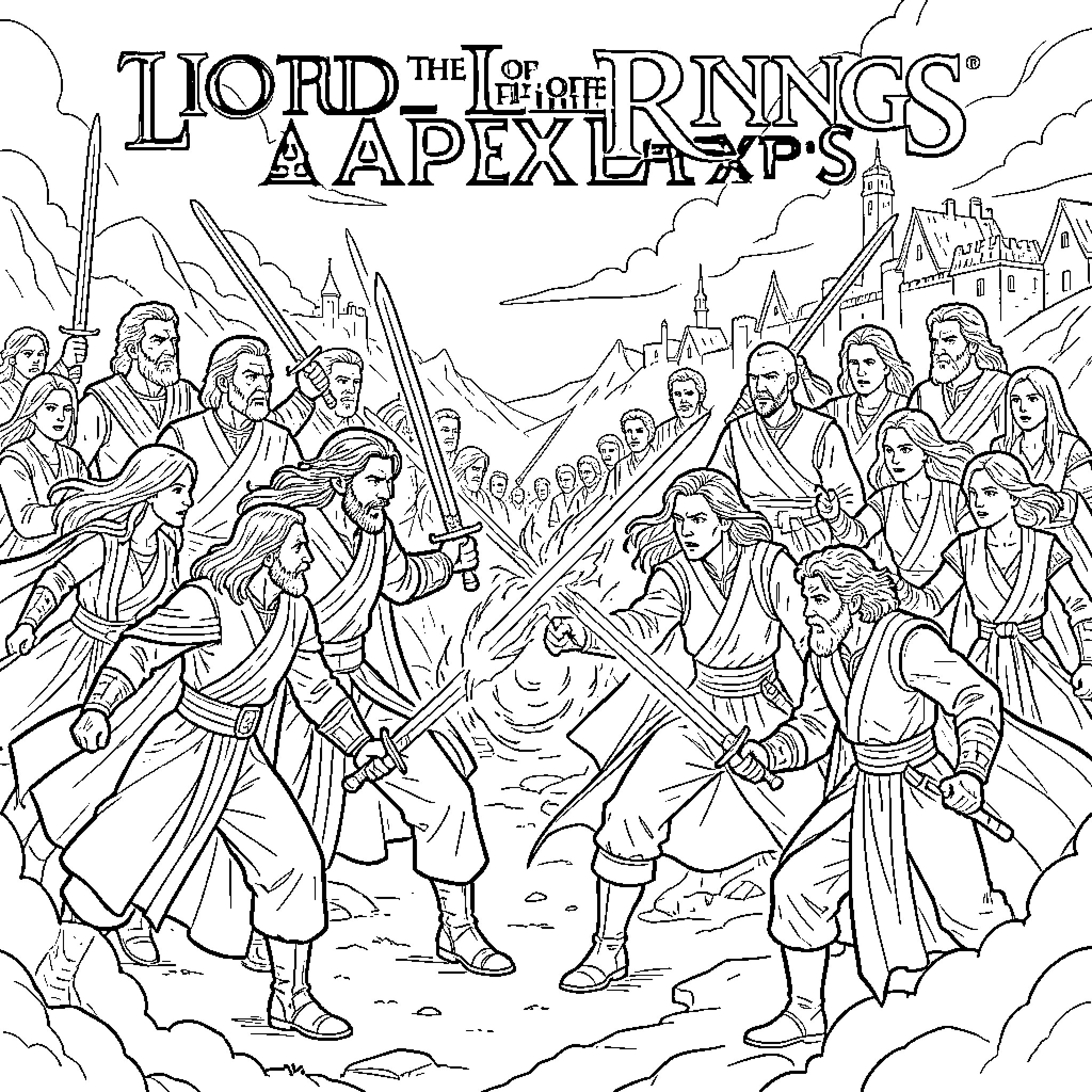 Star Wars style warriors engaging in a dramatic sword battle Coloring Page (free black-and-white line drawing printable PDF for all, from beginners to advanced learners, including children, teens, adults, and seniors)