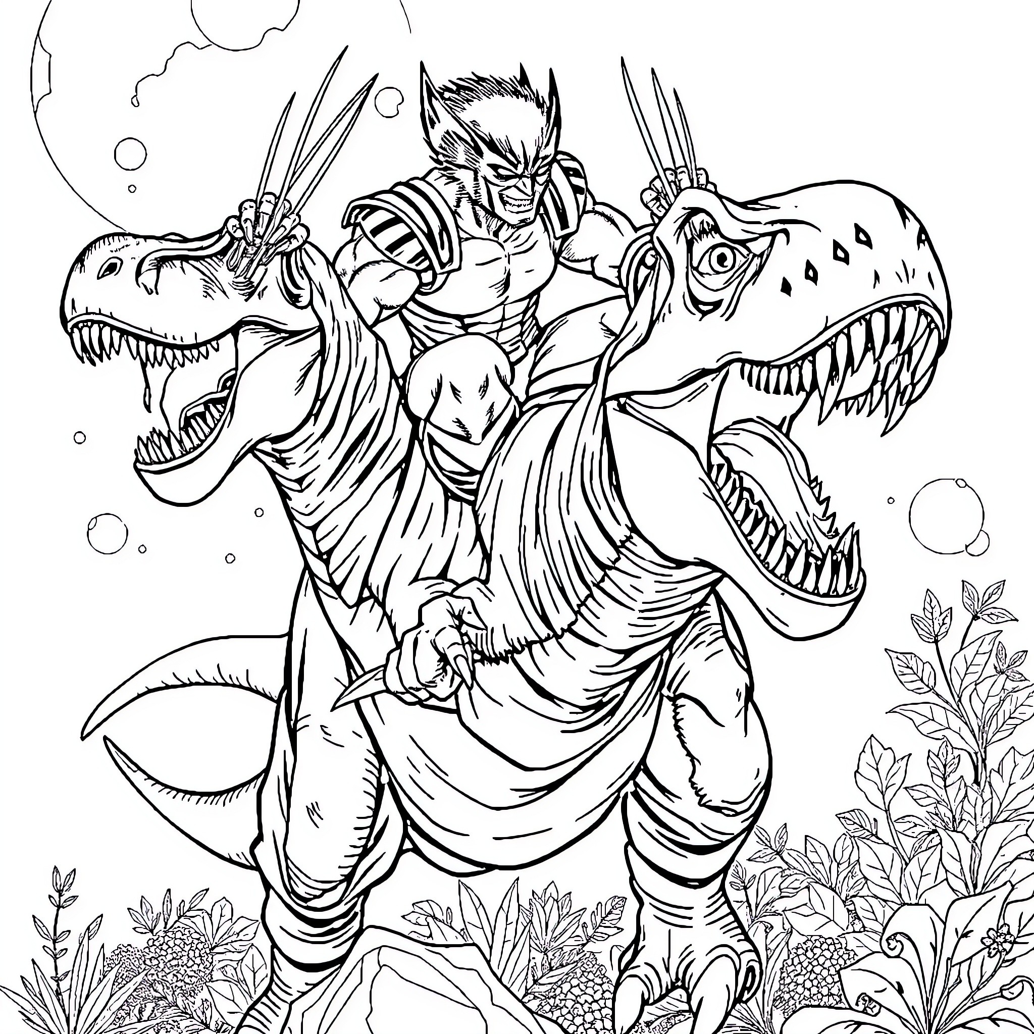 Wolverine battling fierce dinosaurs in a surreal wilderness Coloring Page (free black-and-white line drawing printable PDF for all, from beginners to advanced learners, including children, teens, adults, and seniors)
