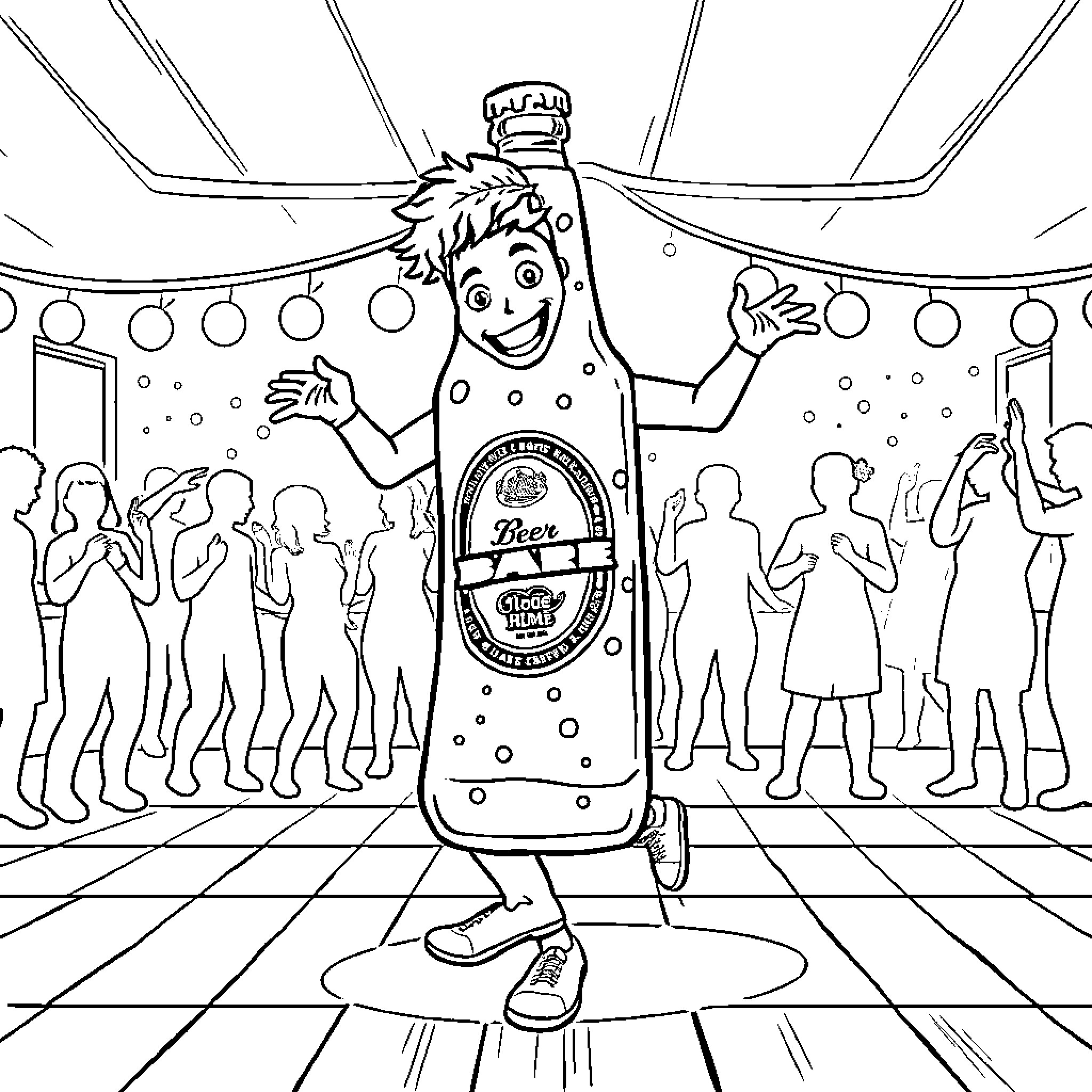 Human in costume entertains a crowd Coloring Page (free black-and-white line drawing printable PDF for all, from beginners to advanced learners, including children, teens, adults, and seniors)