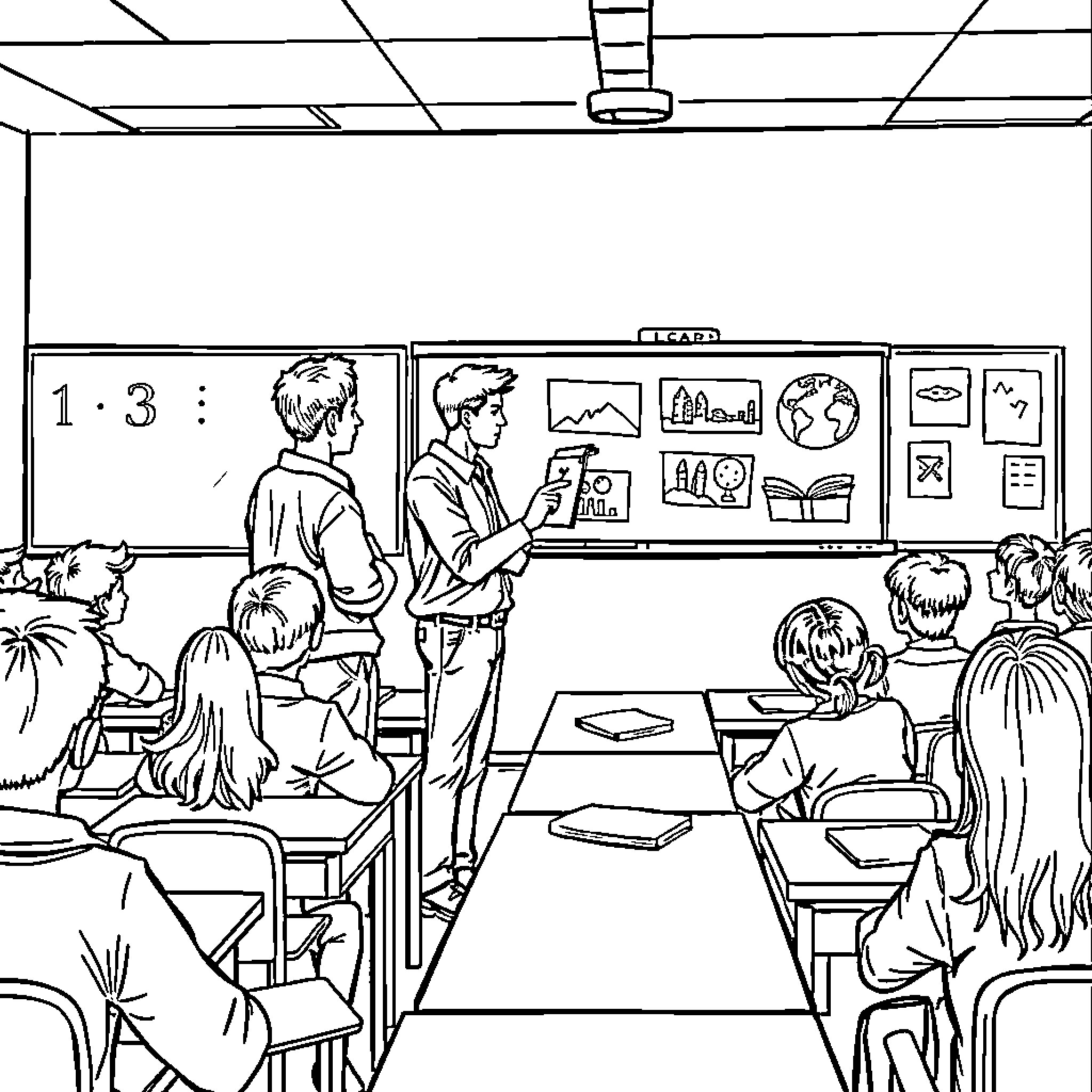 Student presentations in the classroom Coloring Page (free black-and-white line drawing printable PDF for all, from beginners to advanced learners, including children, teens, adults, and seniors)