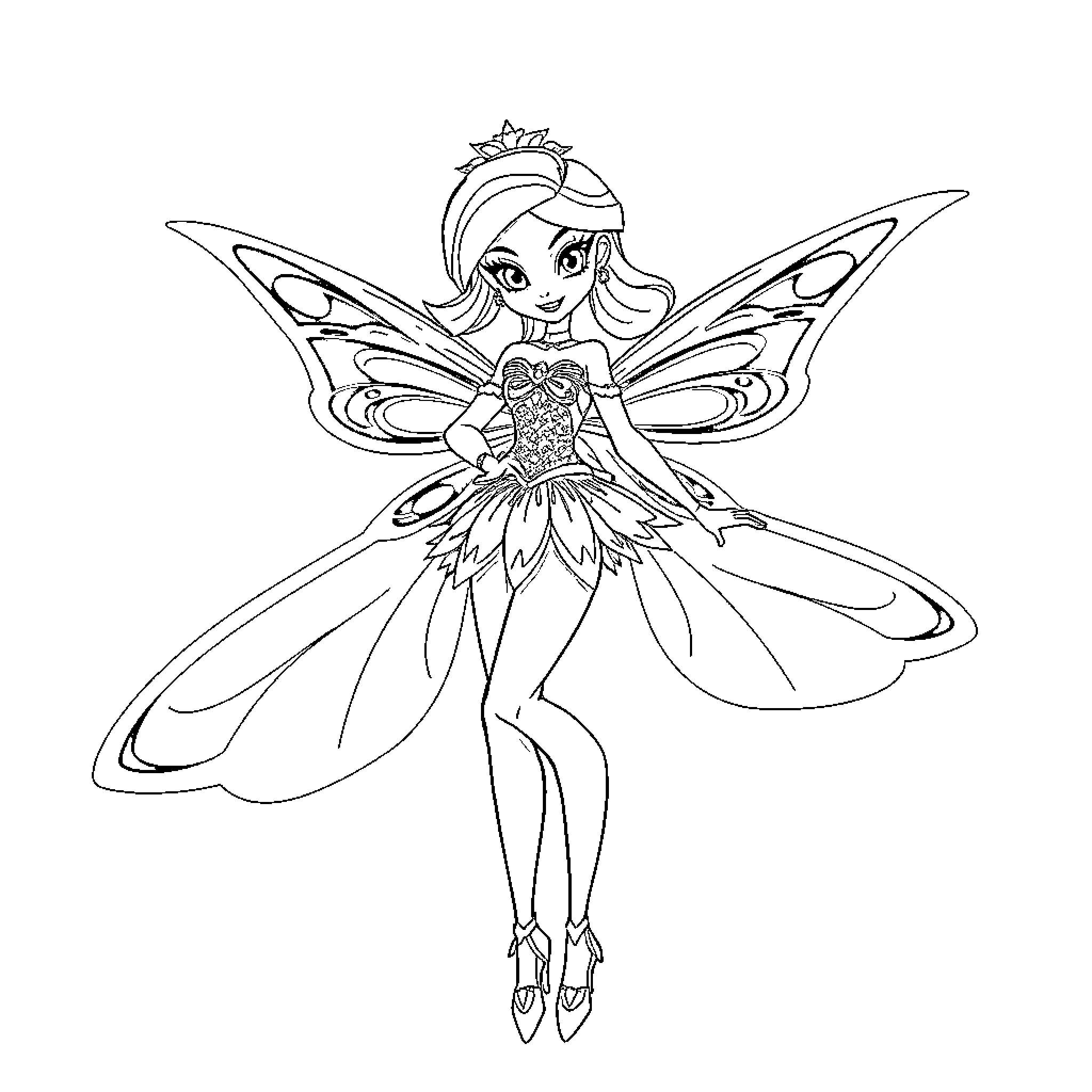 Bloom of Fantastical Fairy Elegance Coloring Page (free black-and-white line drawing printable PDF for all, from beginners to advanced learners, including children, teens, adults, and seniors)
