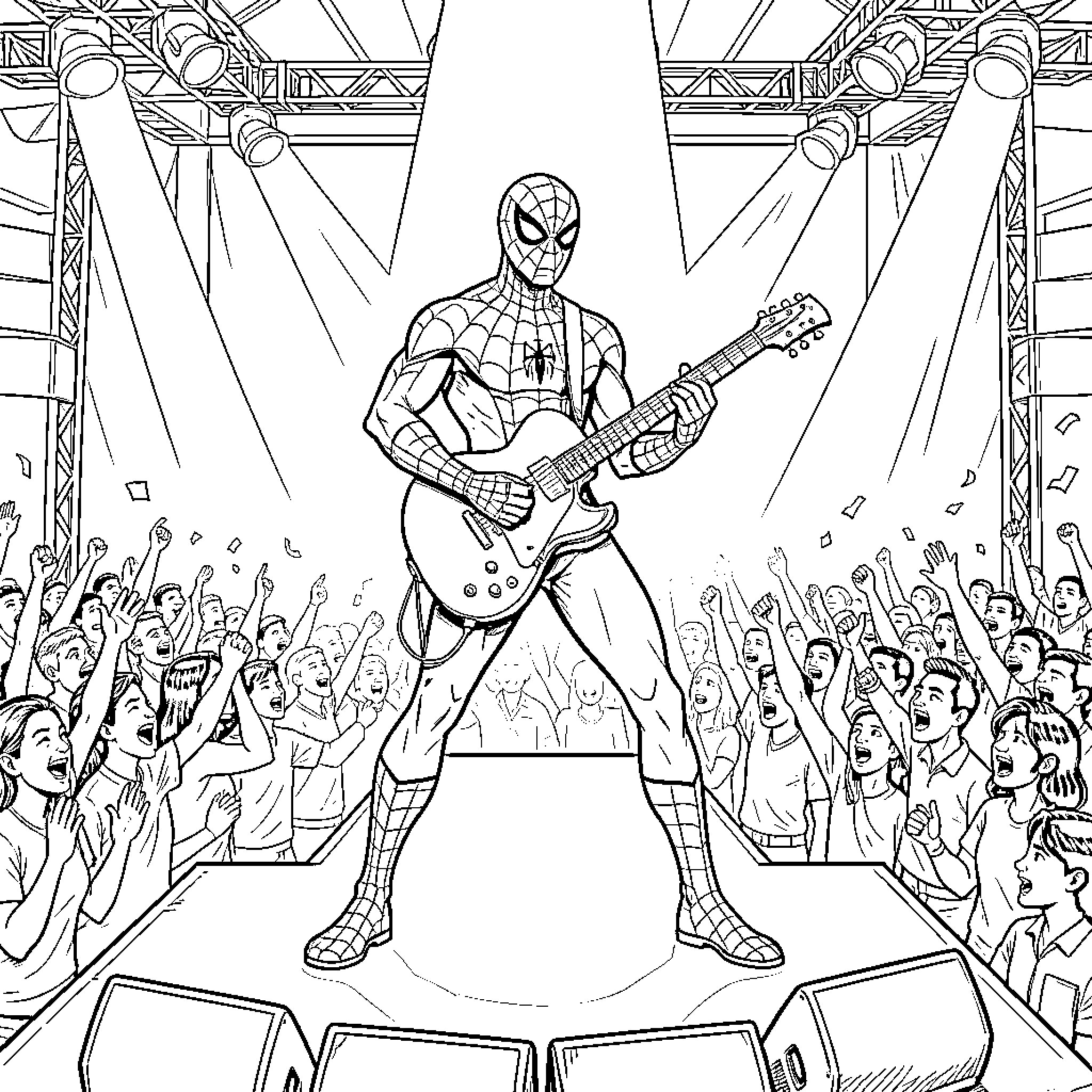 Spider-Man playing electric guitar on a concert stage Coloring Page (free black-and-white line drawing printable PDF for all, from beginners to advanced learners, including children, teens, adults, and seniors)
