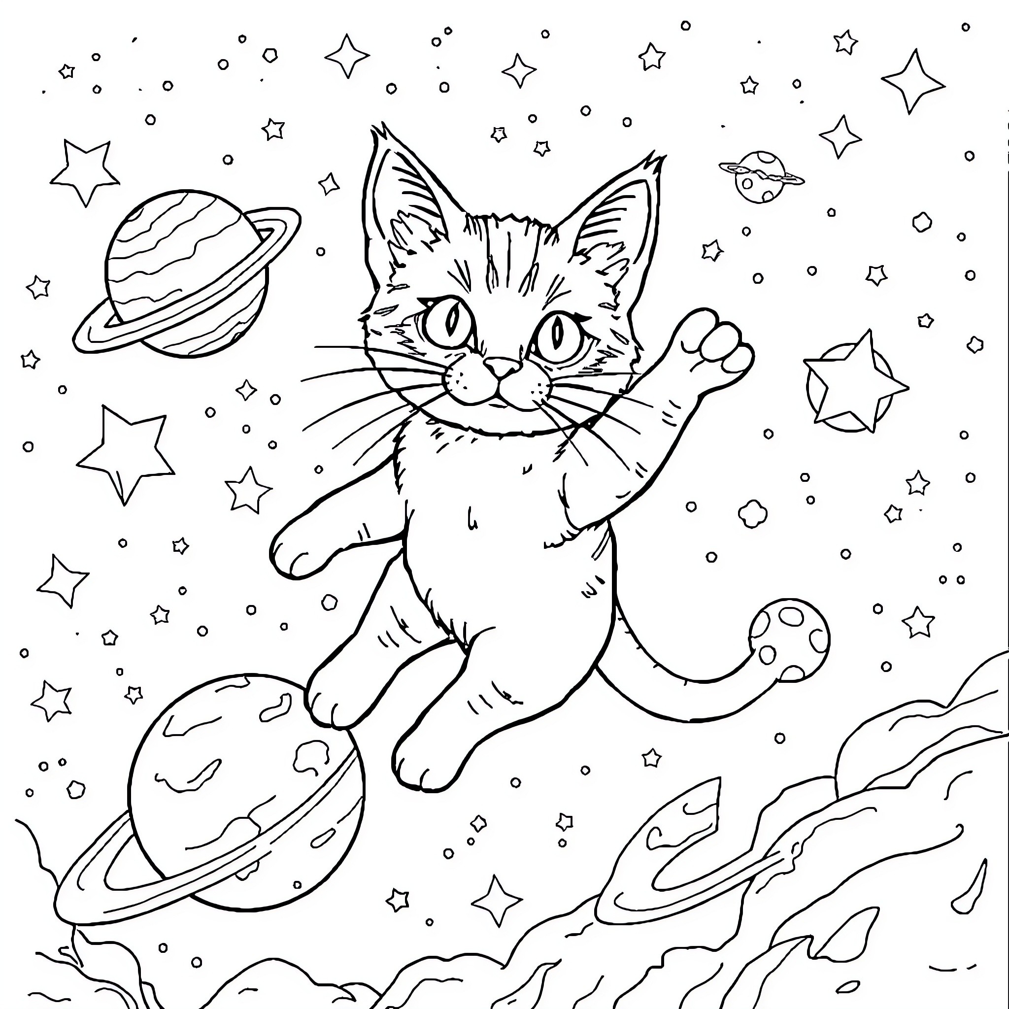 Cat exploring the cosmic wonders Coloring Page (free black-and-white line drawing printable PDF for all, from beginners to advanced learners, including children, teens, adults, and seniors)