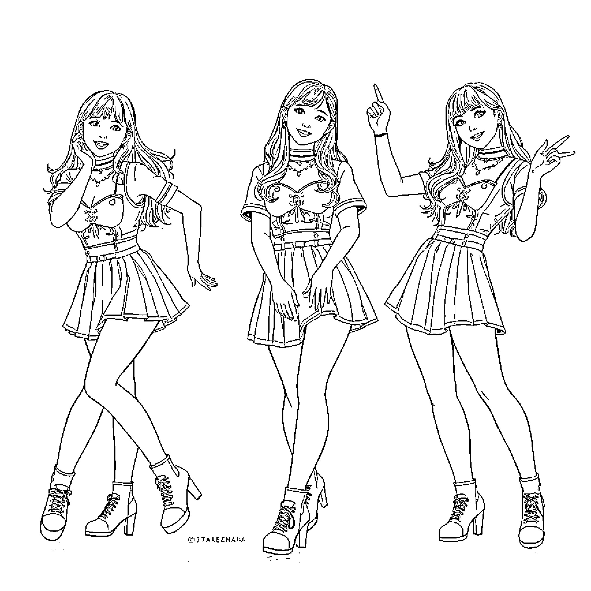 K Pop Warrior Trio Striking Fierce Poses Coloring Page (free black-and-white line drawing printable PDF for all, from beginners to advanced learners, including children, teens, adults, and seniors)
