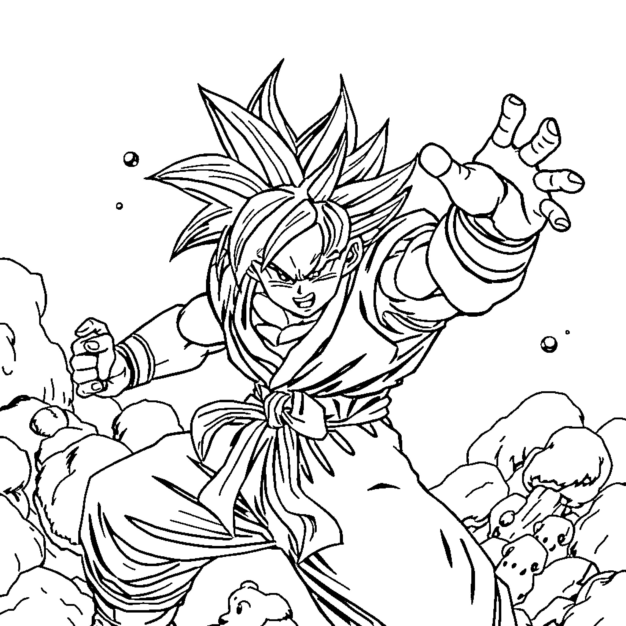 Goku unleashing powerful energy attack Coloring Page (free black-and-white line drawing printable PDF for all, from beginners to advanced learners, including children, teens, adults, and seniors)