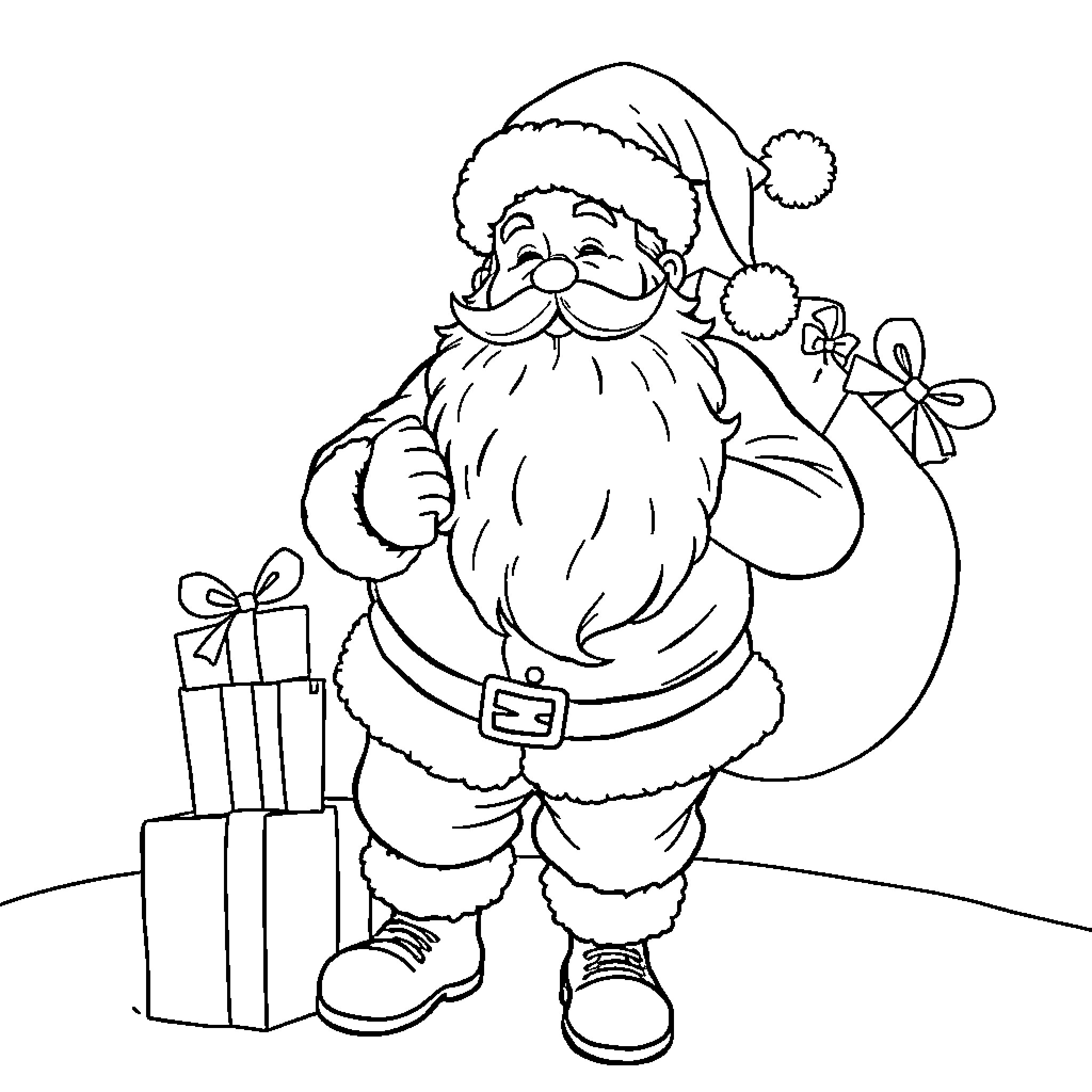 Father Christmas Bringing Gifts and Smiling Coloring Page (free black-and-white line drawing printable PDF for all, from beginners to advanced learners, including children, teens, adults, and seniors)