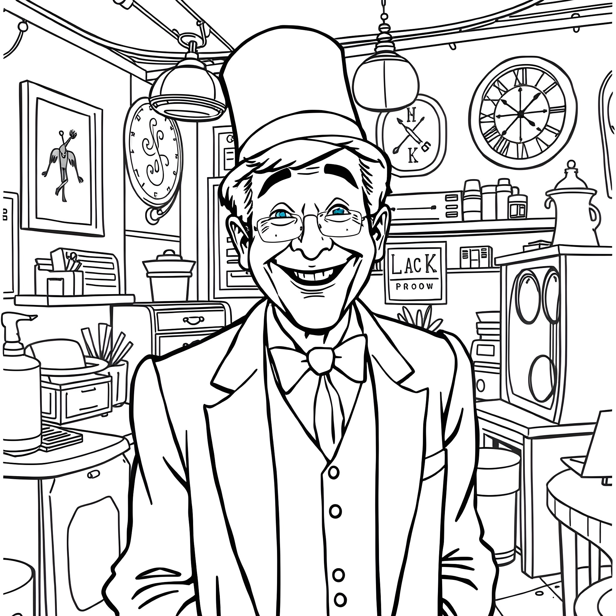 Dick Van Dyke's Comedic Charm in a Whimsical Setting Coloring Page (free black-and-white line drawing printable PDF for all, from beginners to advanced learners, including children, teens, adults, and seniors)