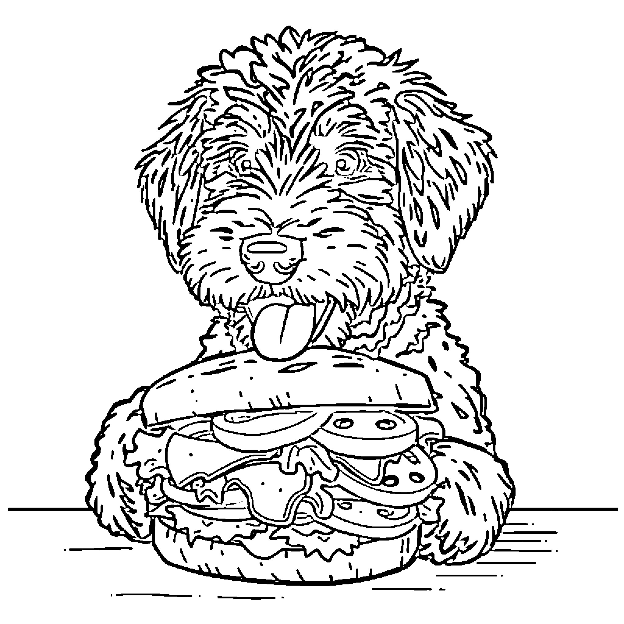 Labradoodle enjoying a tasty hamburger Coloring Page (free black-and-white line drawing printable PDF for all, from beginners to advanced learners, including children, teens, adults, and seniors)