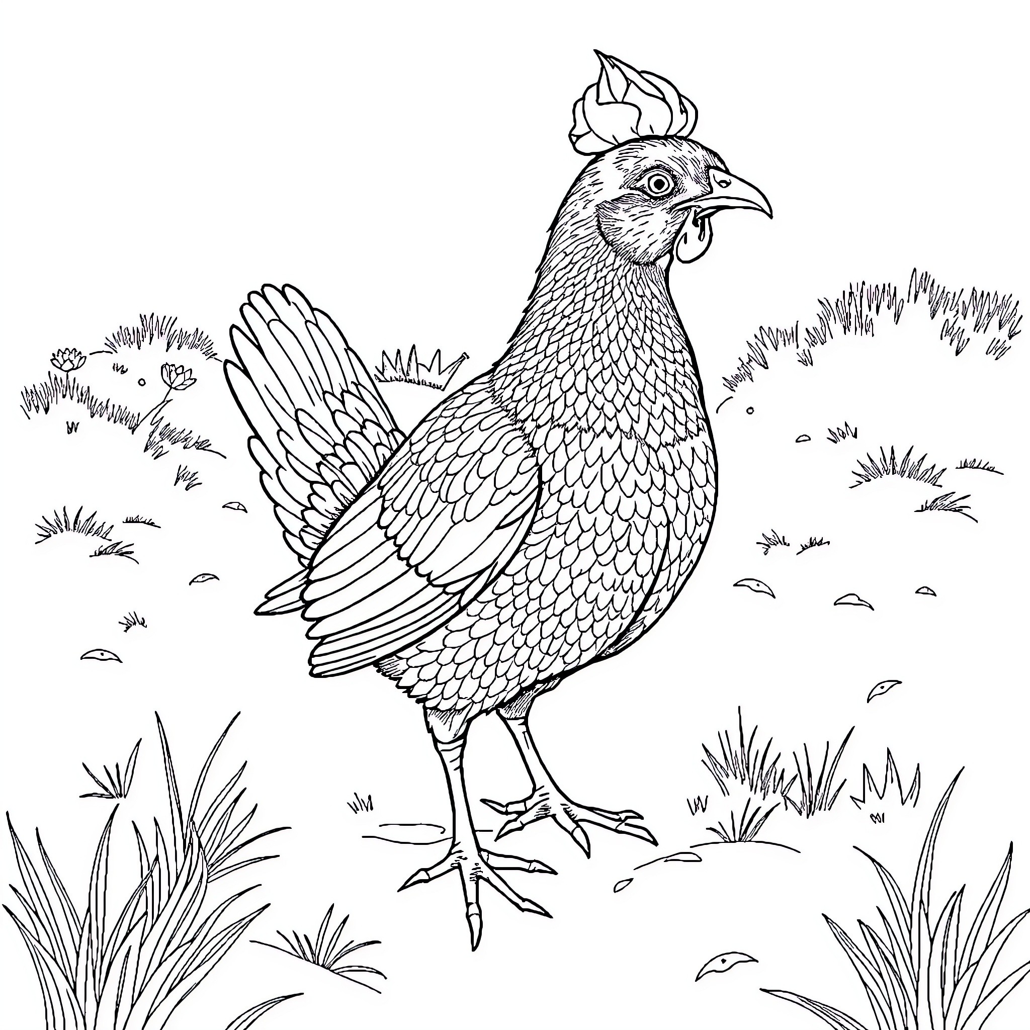 Poule strutting proudly in the grassy field Coloring Page (free black-and-white line drawing printable PDF for all, from beginners to advanced learners, including children, teens, adults, and seniors)