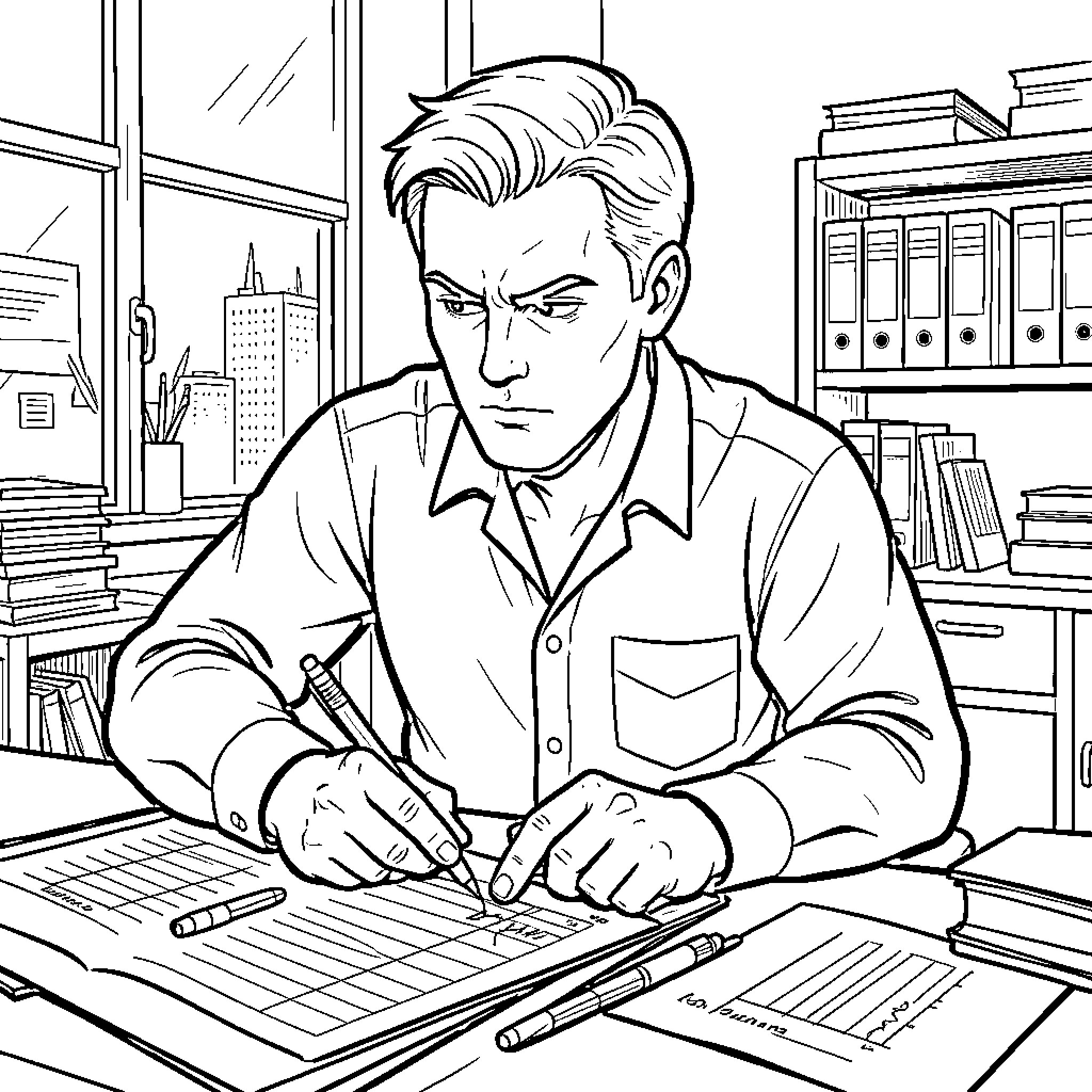 John Nolan working diligently at his desk Coloring Page (free black-and-white line drawing printable PDF for all, from beginners to advanced learners, including children, teens, adults, and seniors)