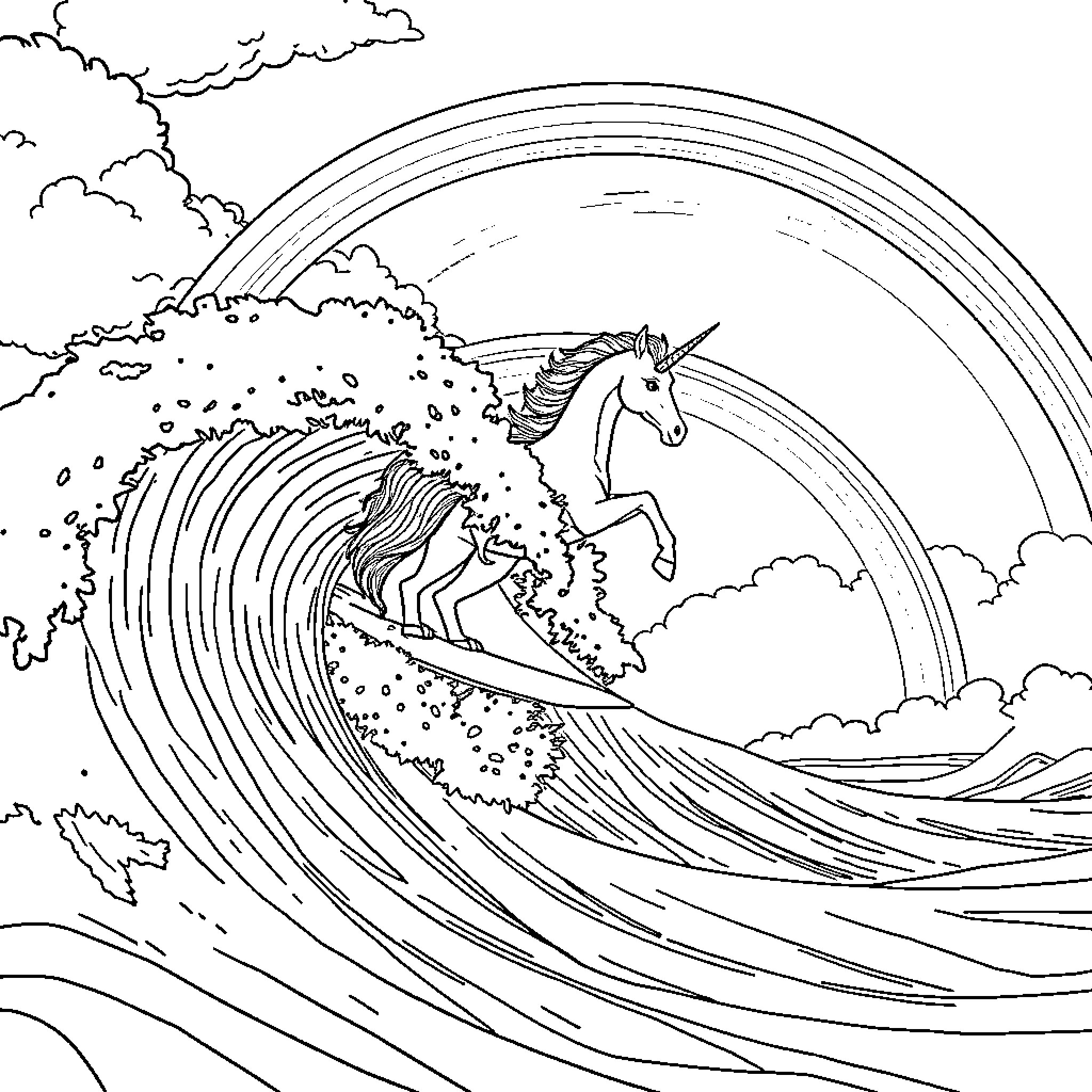 Unicorn surfing the magical waves under the rainbow Coloring Page (free black-and-white line drawing printable PDF for all, from beginners to advanced learners, including children, teens, adults, and seniors)