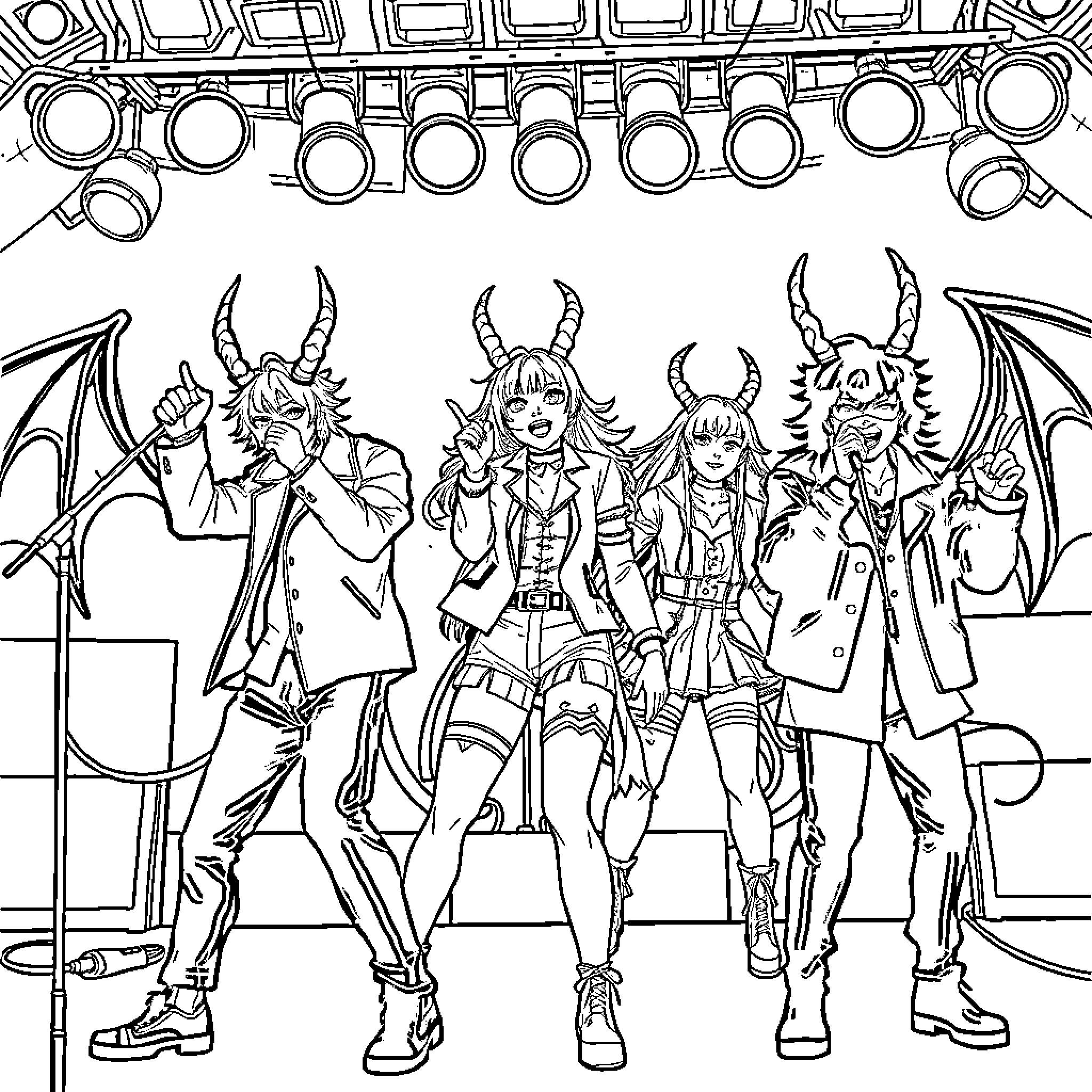 Demon Hunter Squad in Action Poses Coloring Page (free black-and-white line drawing printable PDF for all, from beginners to advanced learners, including children, teens, adults, and seniors)
