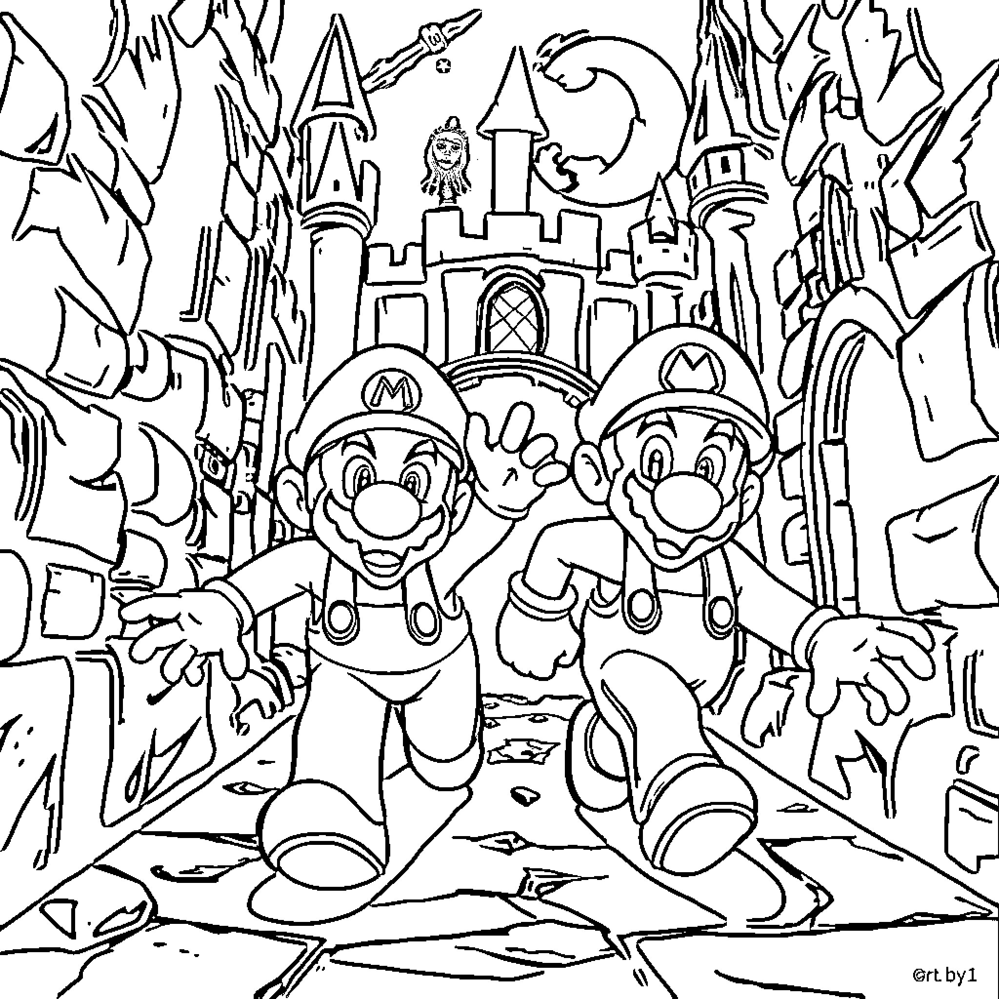 Zombie Mario and Luigi explore haunted castle Coloring Page (free black-and-white line drawing printable PDF for all, from beginners to advanced learners, including children, teens, adults, and seniors)
