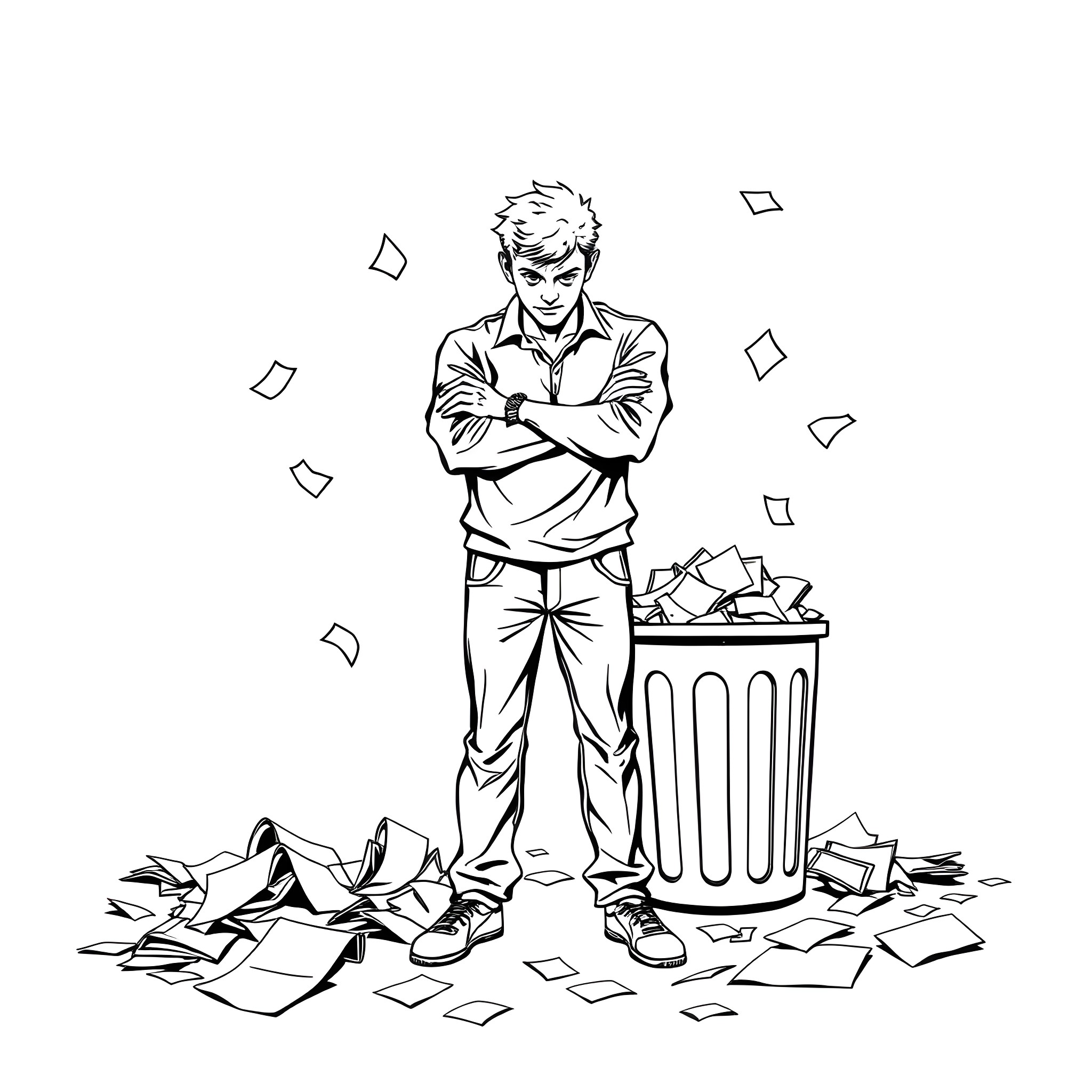 Phrase of a man cleaning up scattered papers in an office Coloring Page (free black-and-white line drawing printable PDF for all, from beginners to advanced learners, including children, teens, adults, and seniors)