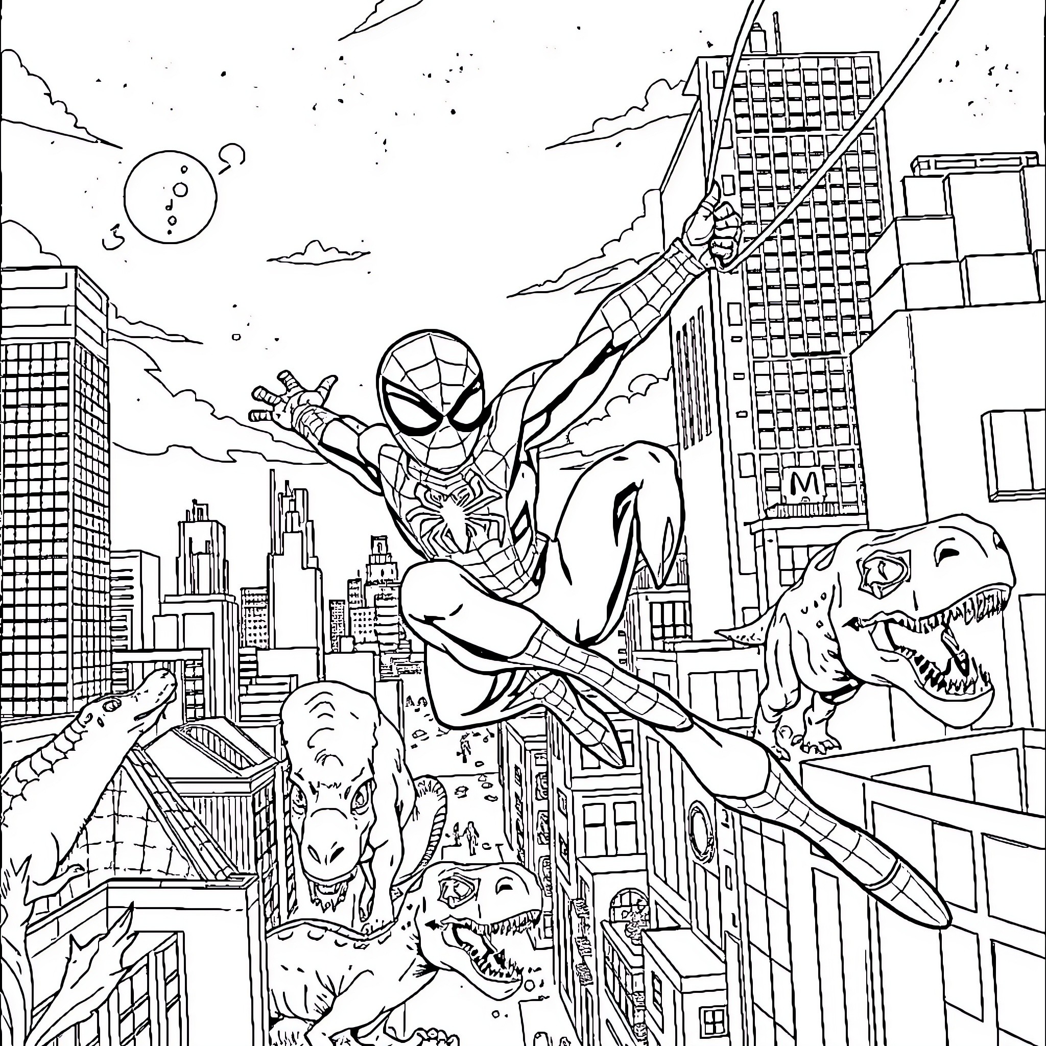 Spider-Man swinging through the city, facing off against dinosaurs Coloring Page (free black-and-white line drawing printable PDF for all, from beginners to advanced learners, including children, teens, adults, and seniors)