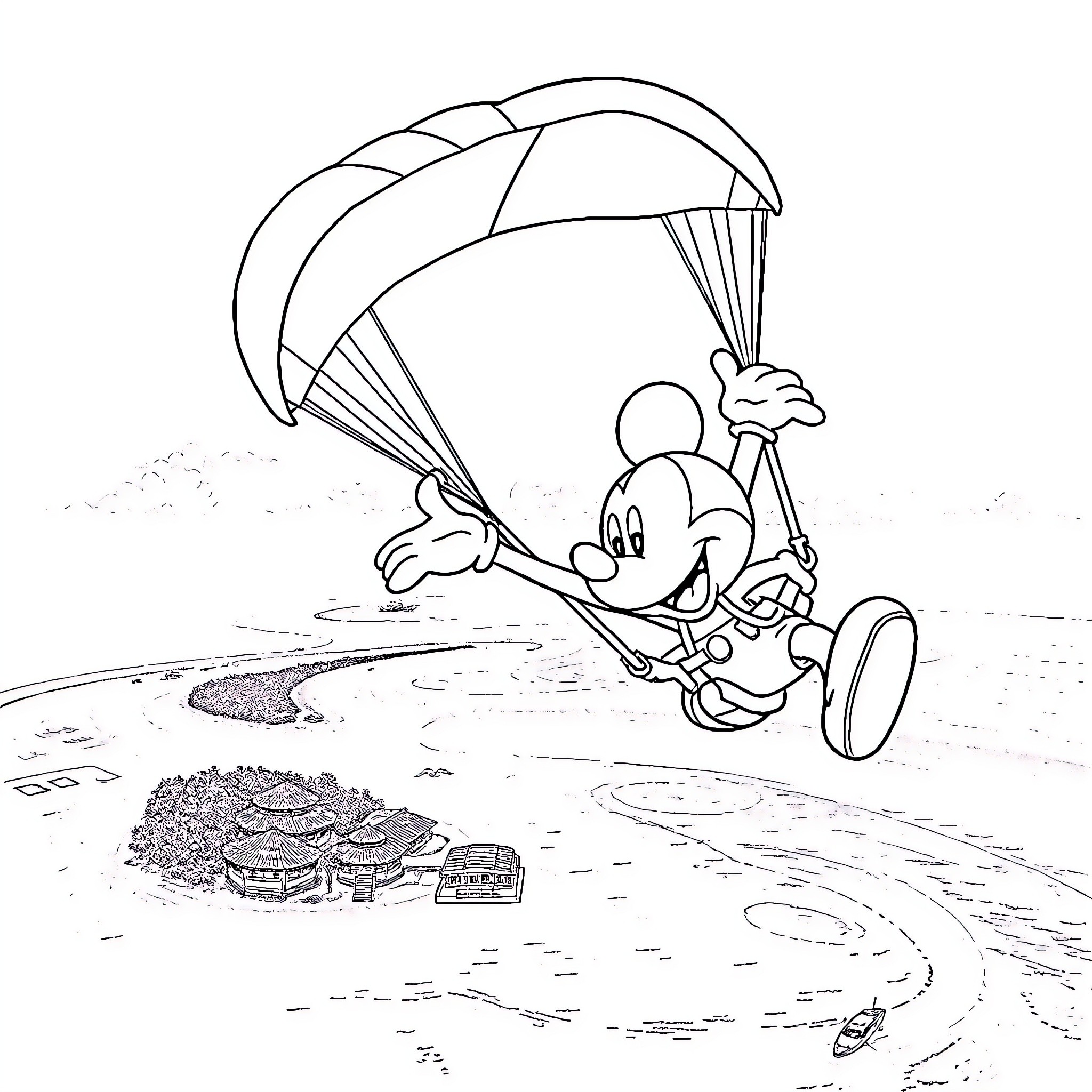 Mickey Mouse parachuting and exploring outdoors Coloring Page (free black-and-white line drawing printable PDF for all, from beginners to advanced learners, including children, teens, adults, and seniors)