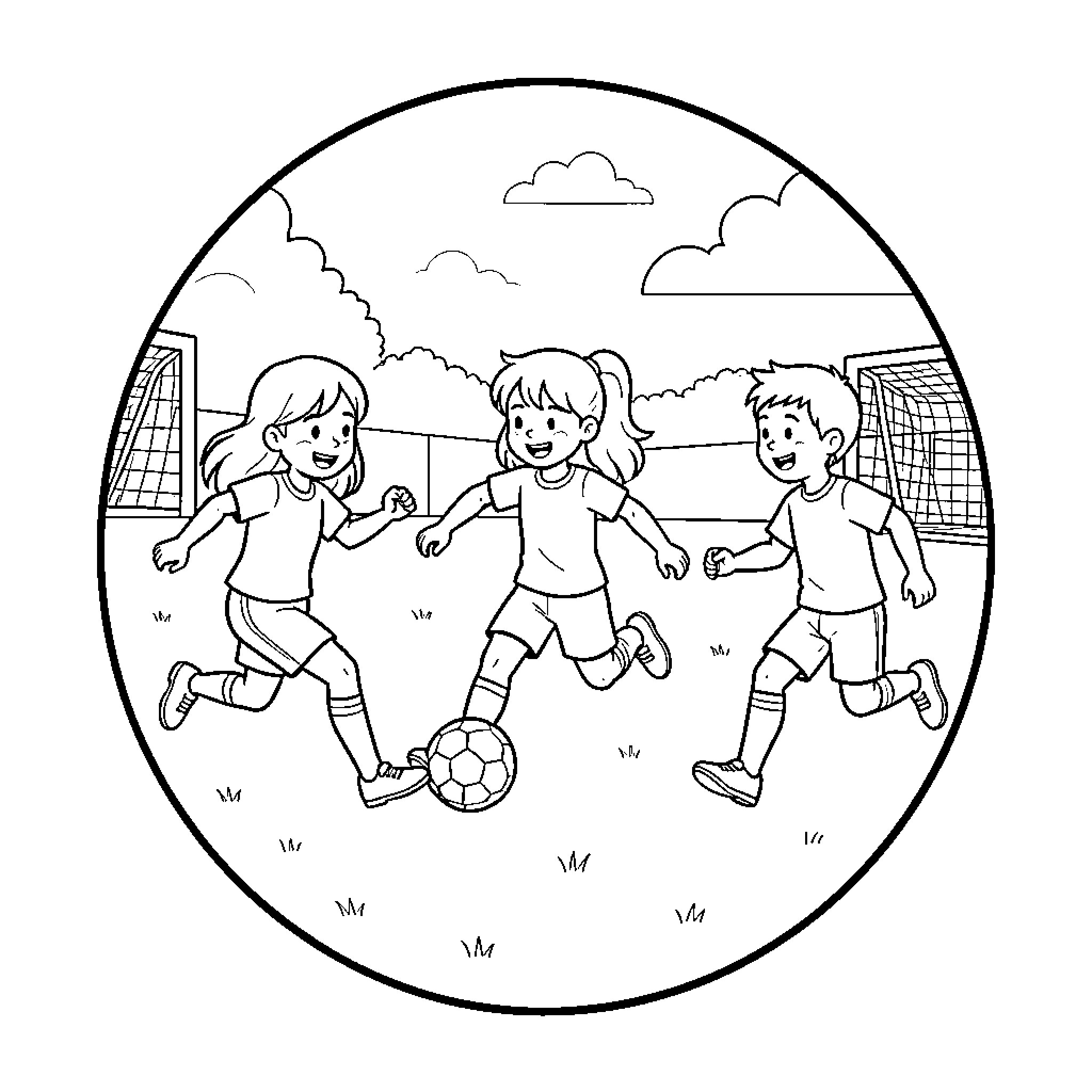 Football players enjoying outdoor game together Coloring Page (free black-and-white line drawing printable PDF for all, from beginners to advanced learners, including children, teens, adults, and seniors)