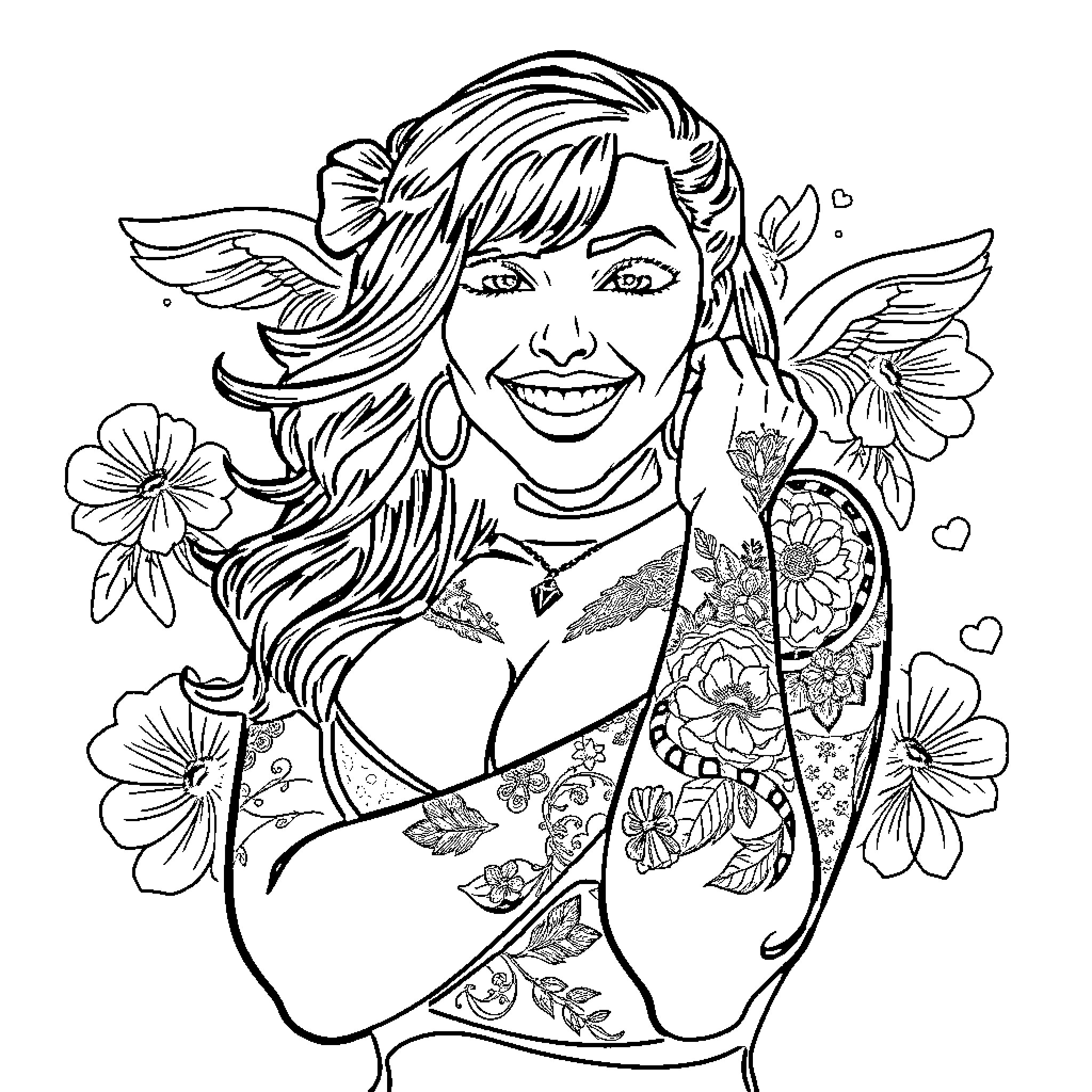 Christy Mack in a floral outfit with a joyful expression Coloring Page (free black-and-white line drawing printable PDF for all, from beginners to advanced learners, including children, teens, adults, and seniors)