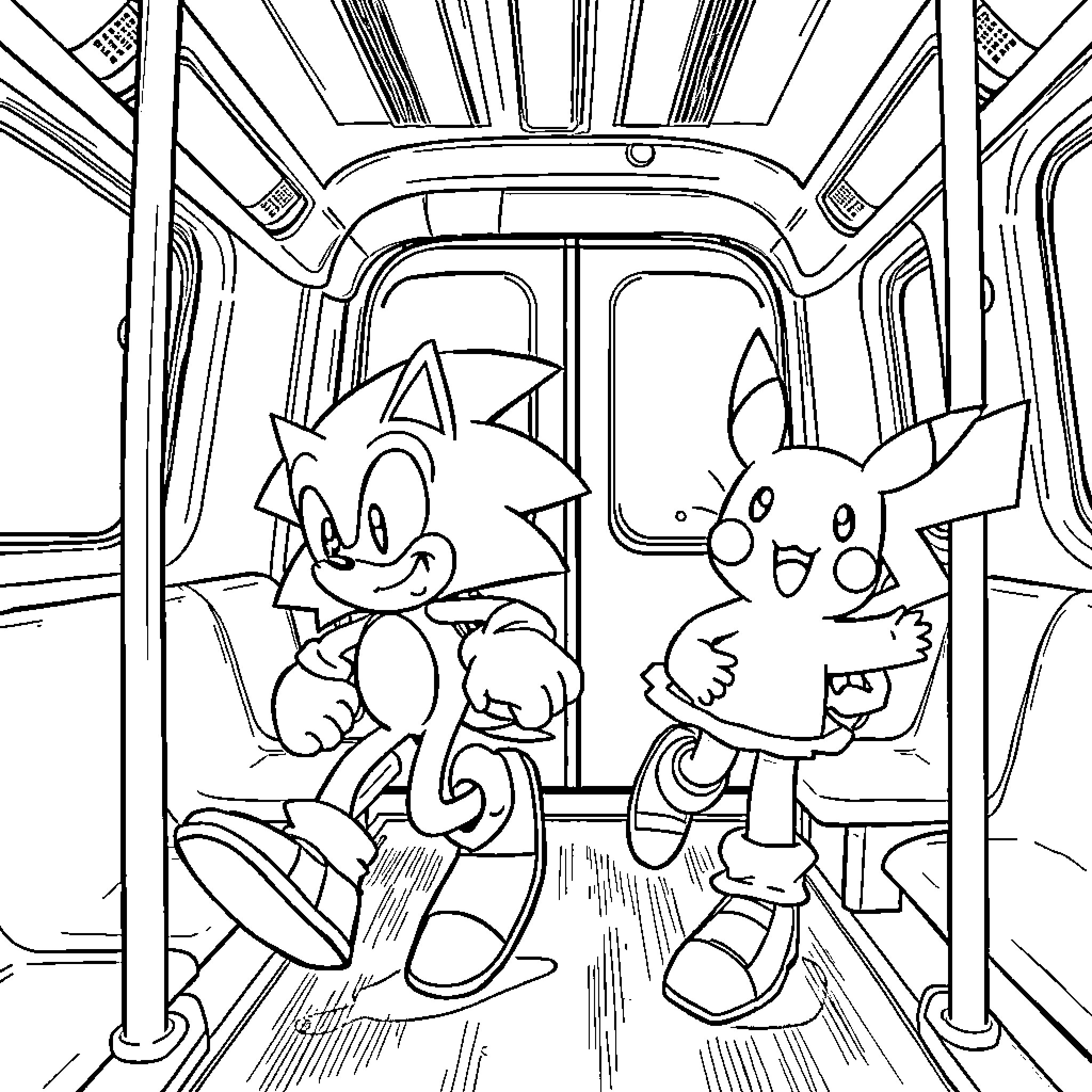 Sonic and Friends Riding the Subway Train Coloring Page (free black-and-white line drawing printable PDF for all, from beginners to advanced learners, including children, teens, adults, and seniors)