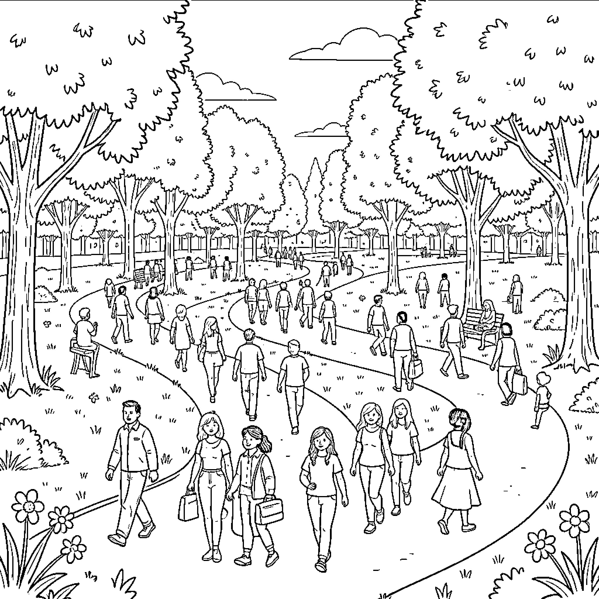 Person walking along a path through a park Coloring Page (free black-and-white line drawing printable PDF for all, from beginners to advanced learners, including children, teens, adults, and seniors)