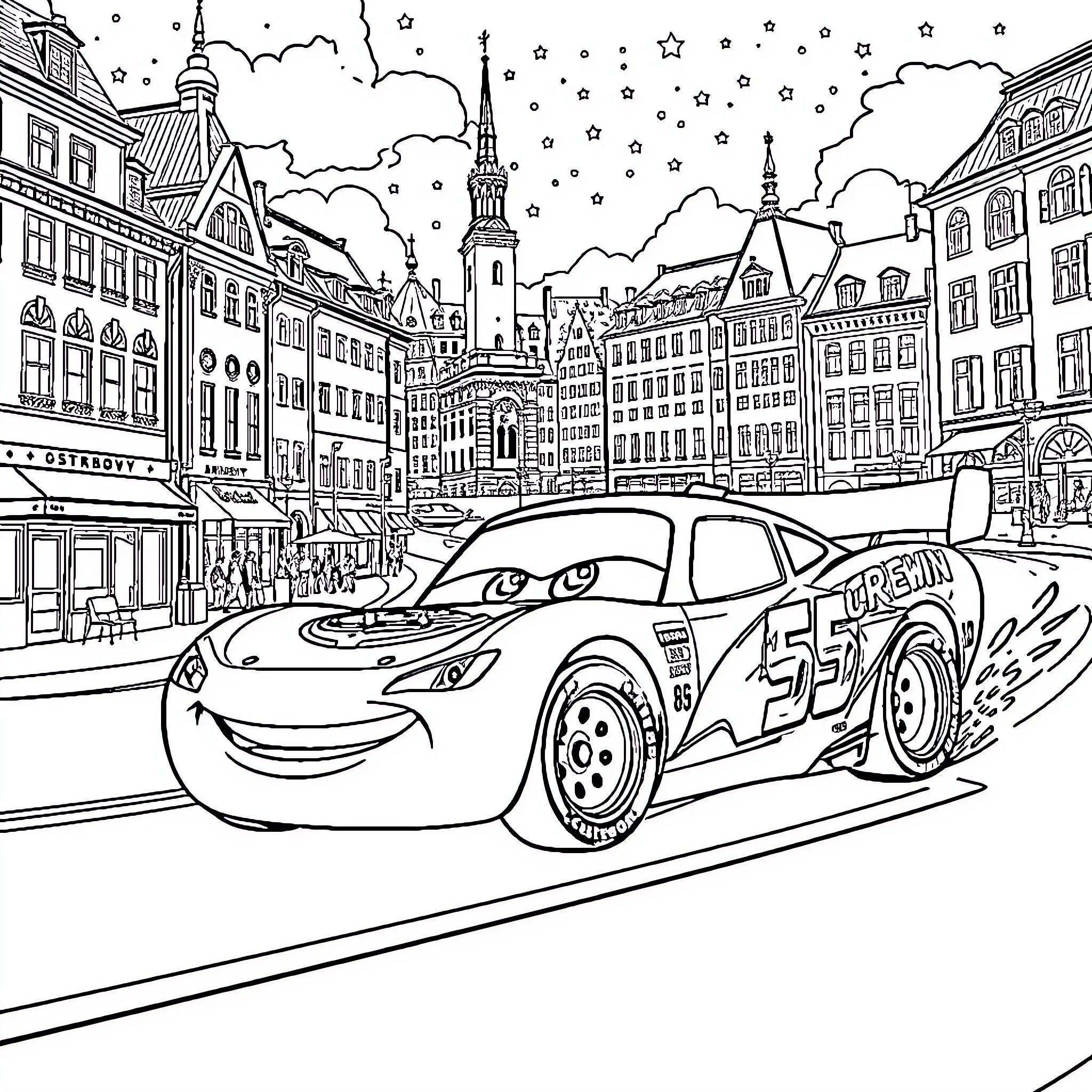 Lightning McQueen racing through a European city Coloring Page (free black-and-white line drawing printable PDF for all, from beginners to advanced learners, including children, teens, adults, and seniors)