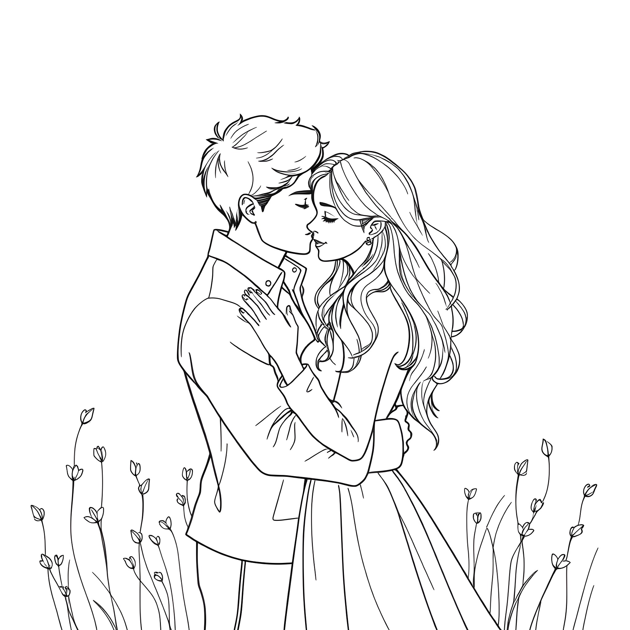 Love in Bloom: A Tender Embrace in the Garden Coloring Page (free black-and-white line drawing printable PDF for all, from beginners to advanced learners, including children, teens, adults, and seniors)
