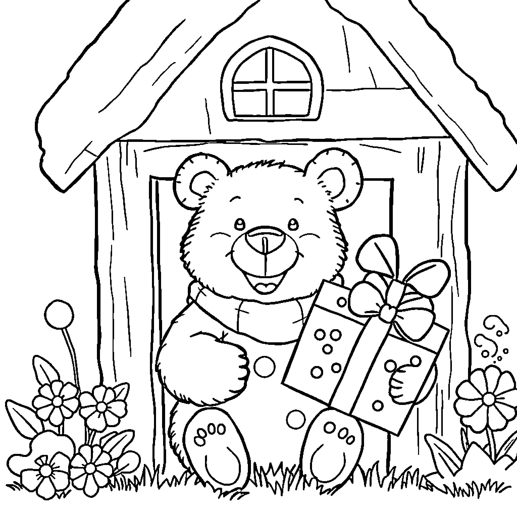 Bear with present in front of cottage Coloring Page (free black-and-white line drawing printable PDF for all, from beginners to advanced learners, including children, teens, adults, and seniors)