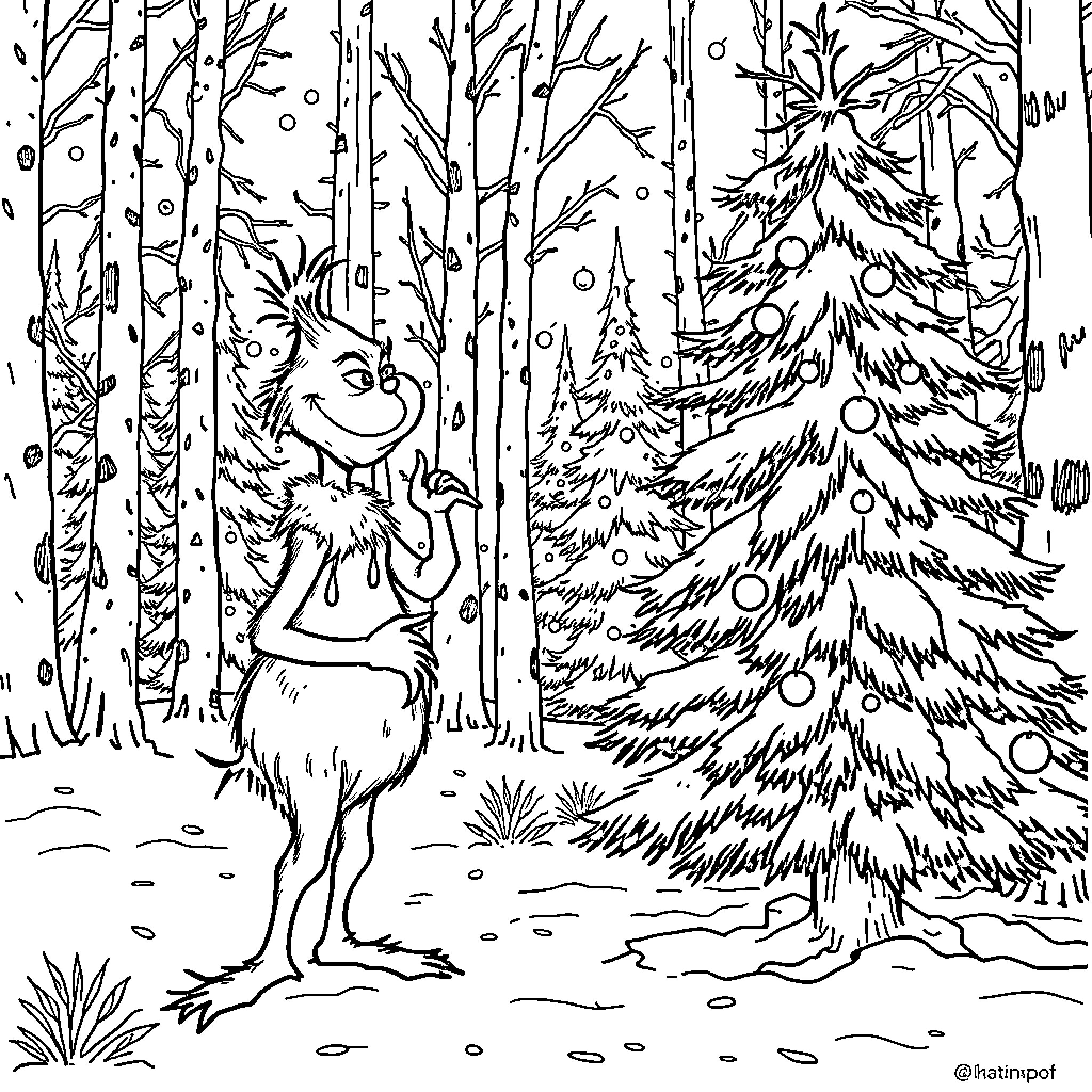 Grinch admiring the winter forest scene Coloring Page (free black-and-white line drawing printable PDF for all, from beginners to advanced learners, including children, teens, adults, and seniors)