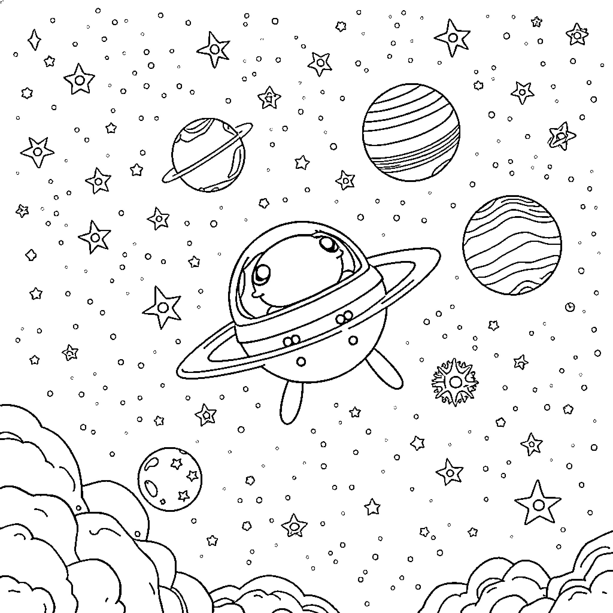 Labubu's Cosmic Adventure Coloring Page (free black-and-white line drawing printable PDF for all, from beginners to advanced learners, including children, teens, adults, and seniors)