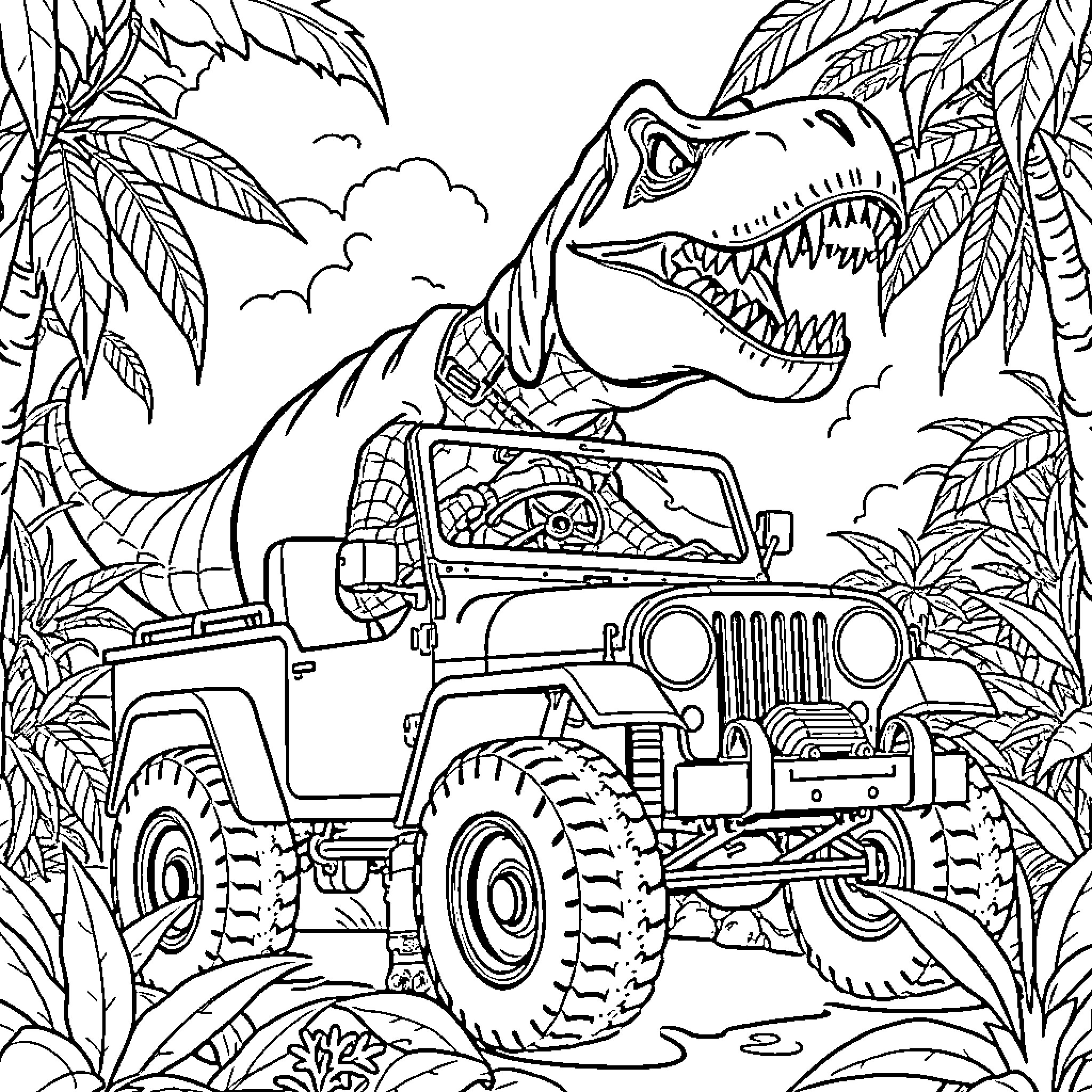 Spiderman in a Jeep encounters a T-Rex in the jungle Coloring Page (free black-and-white line drawing printable PDF for all, from beginners to advanced learners, including children, teens, adults, and seniors)