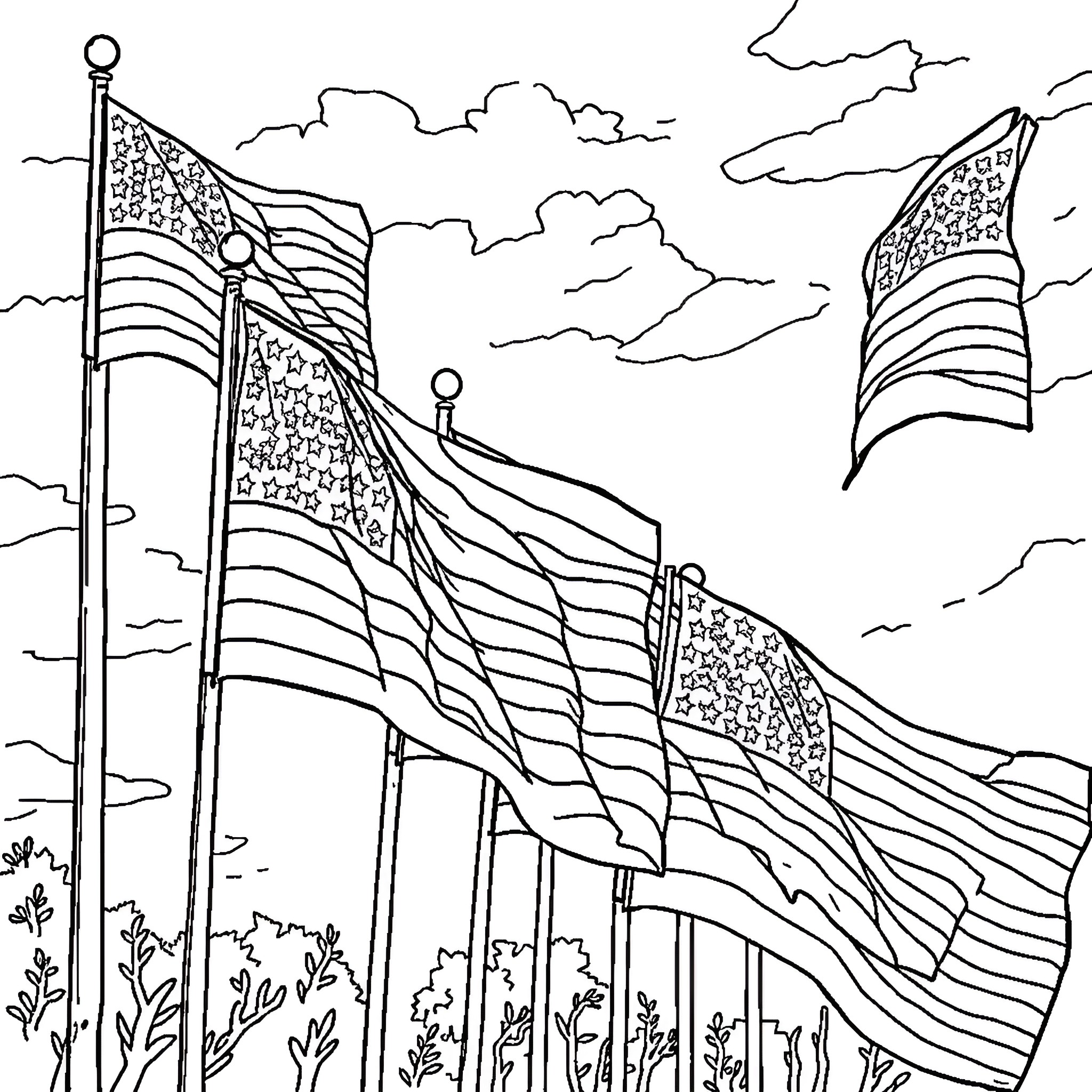 Flags waving proudly in the windy landscape Coloring Page (free black-and-white line drawing printable PDF for all, from beginners to advanced learners, including children, teens, adults, and seniors)