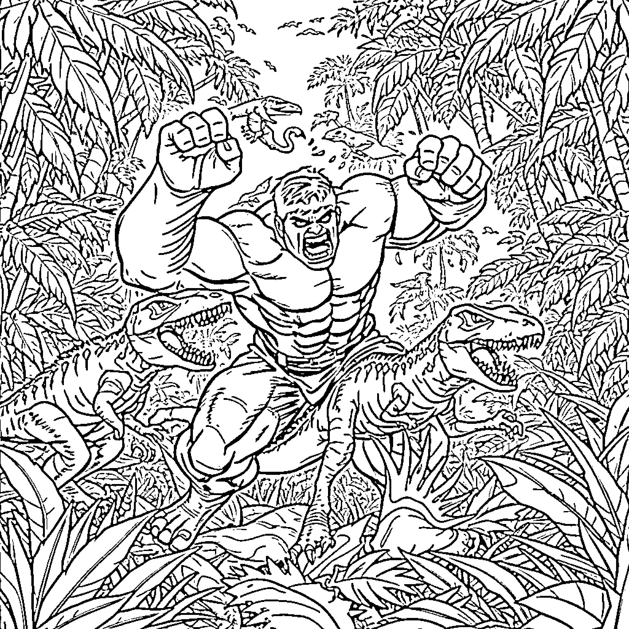 Hulk Rampages Through Jungle Environment Coloring Page (free black-and-white line drawing printable PDF for all, from beginners to advanced learners, including children, teens, adults, and seniors)