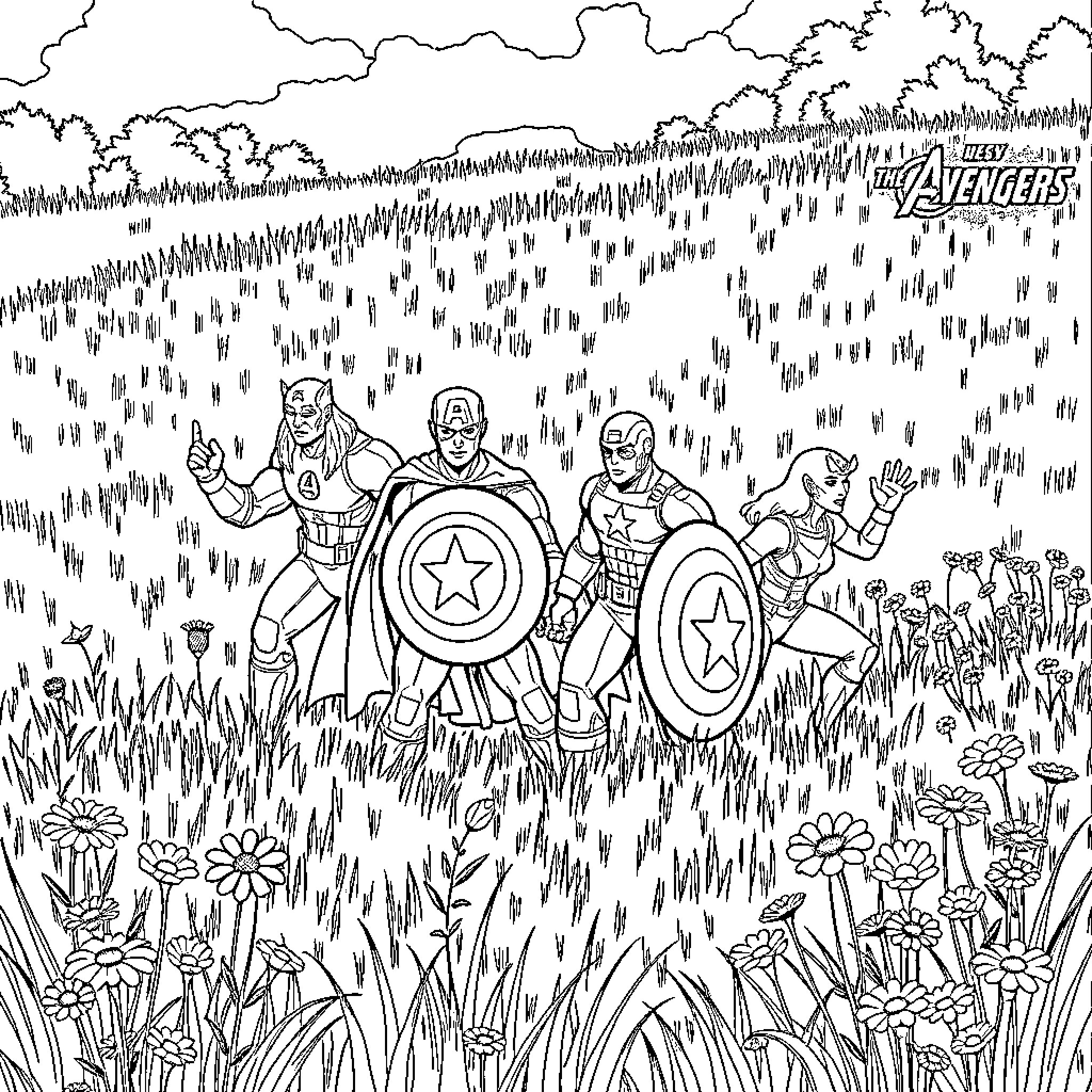 Avengers assembling for heroic action in the field Coloring Page (free black-and-white line drawing printable PDF for all, from beginners to advanced learners, including children, teens, adults, and seniors)