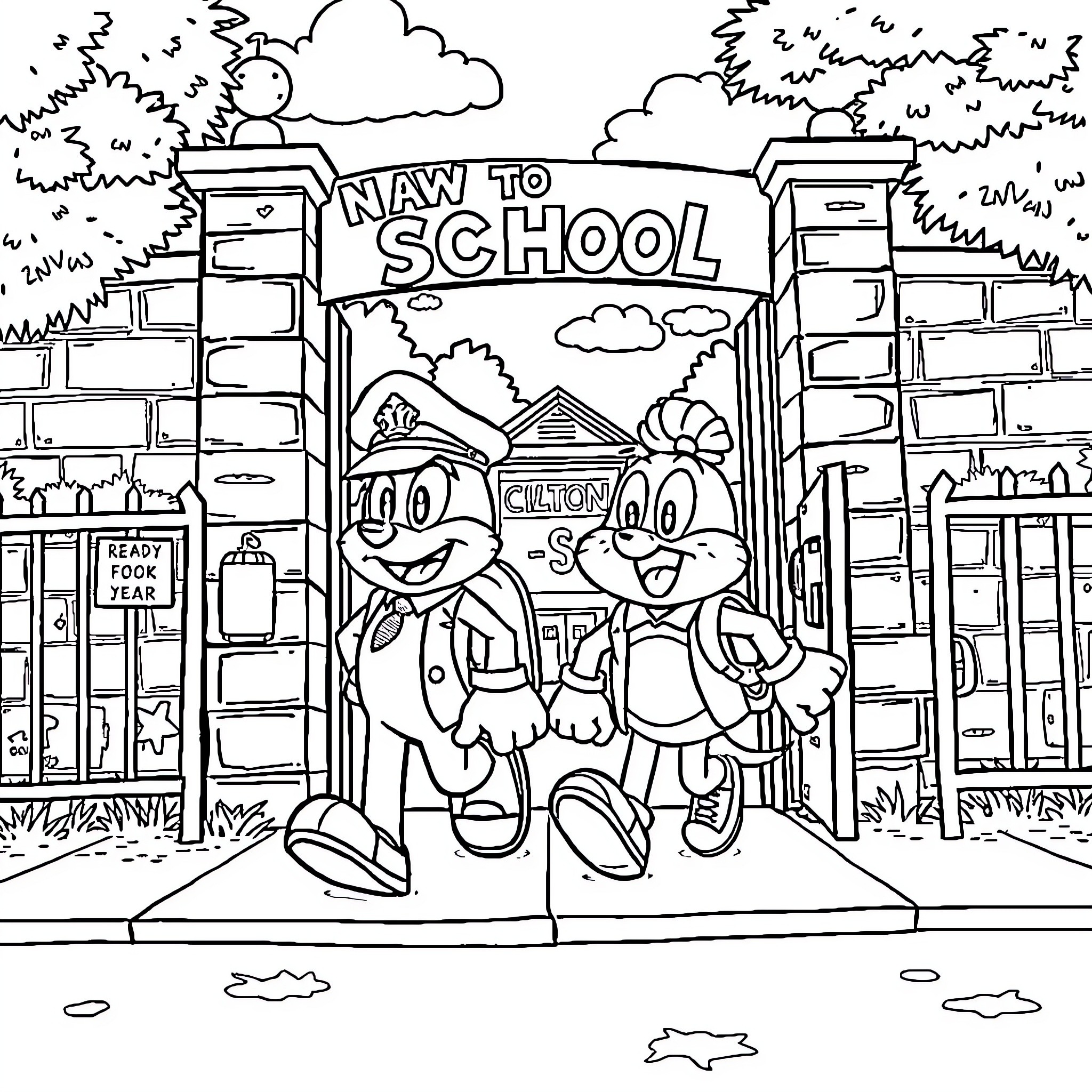 Captain's First Day at the New School Coloring Page (free black-and-white line drawing printable PDF for all, from beginners to advanced learners, including children, teens, adults, and seniors)
