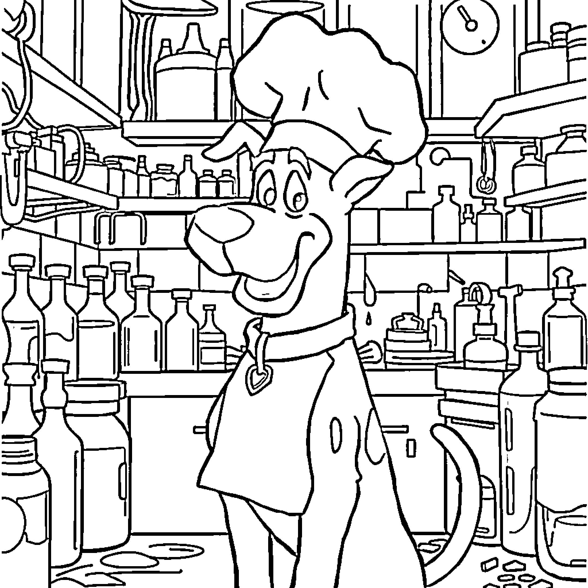Scooby Doo in a Mischievous Mess Coloring Page (free black-and-white line drawing printable PDF for all, from beginners to advanced learners, including children, teens, adults, and seniors)