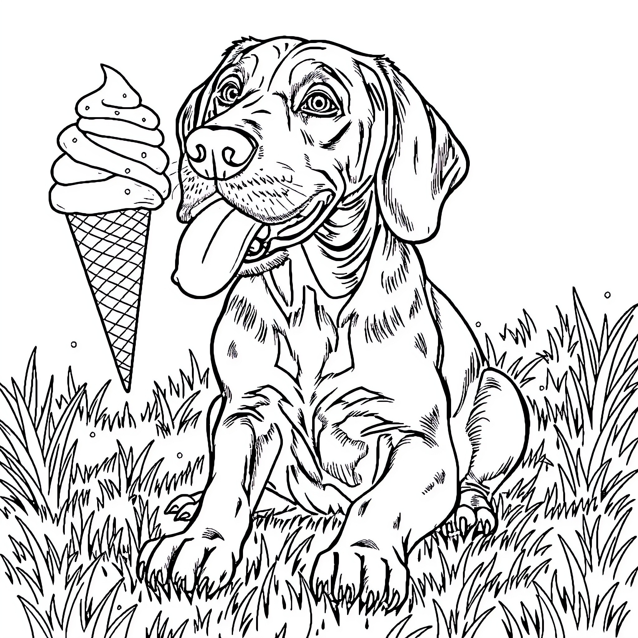 Vizsla enjoying an ice cream cone in the grass Coloring Page (free black-and-white line drawing printable PDF for all, from beginners to advanced learners, including children, teens, adults, and seniors)