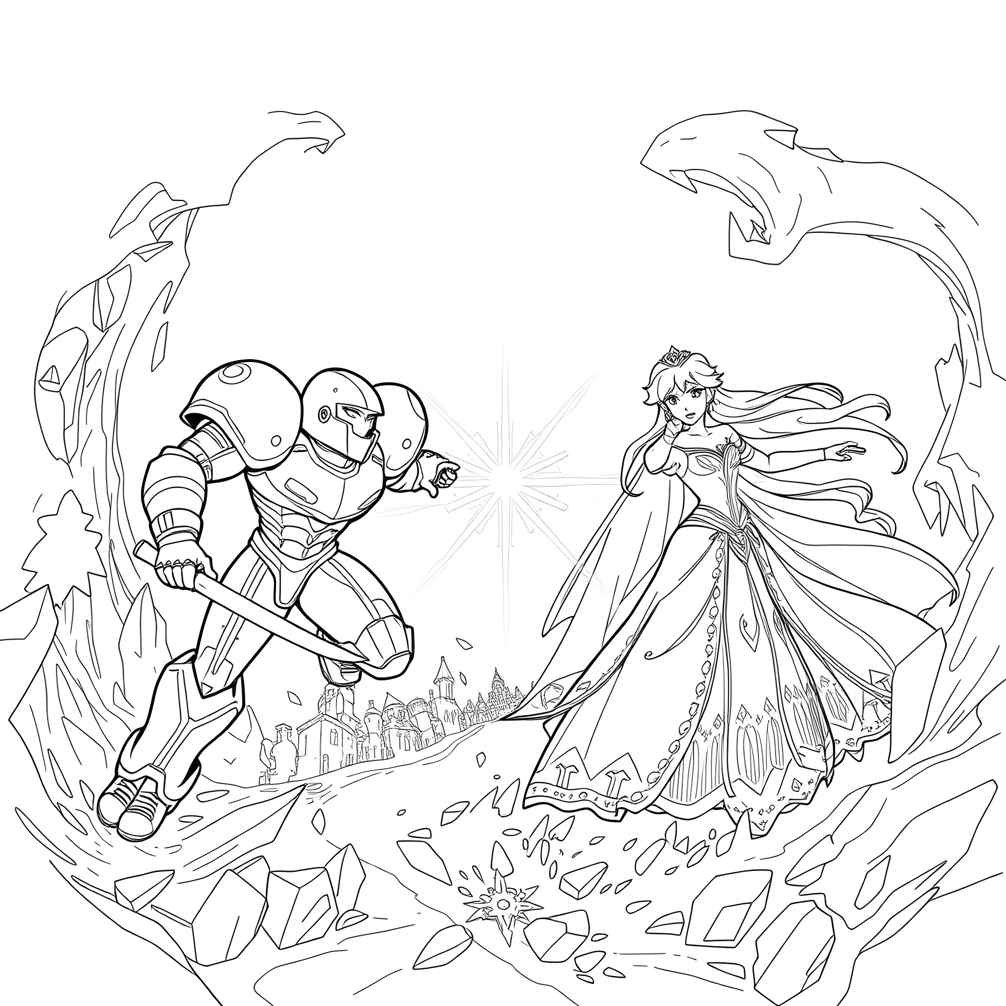 Samus Battling Fierce Creatures in Enchanting Realm Coloring Page (free black-and-white line drawing printable PDF for all, from beginners to advanced learners, including children, teens, adults, and seniors)