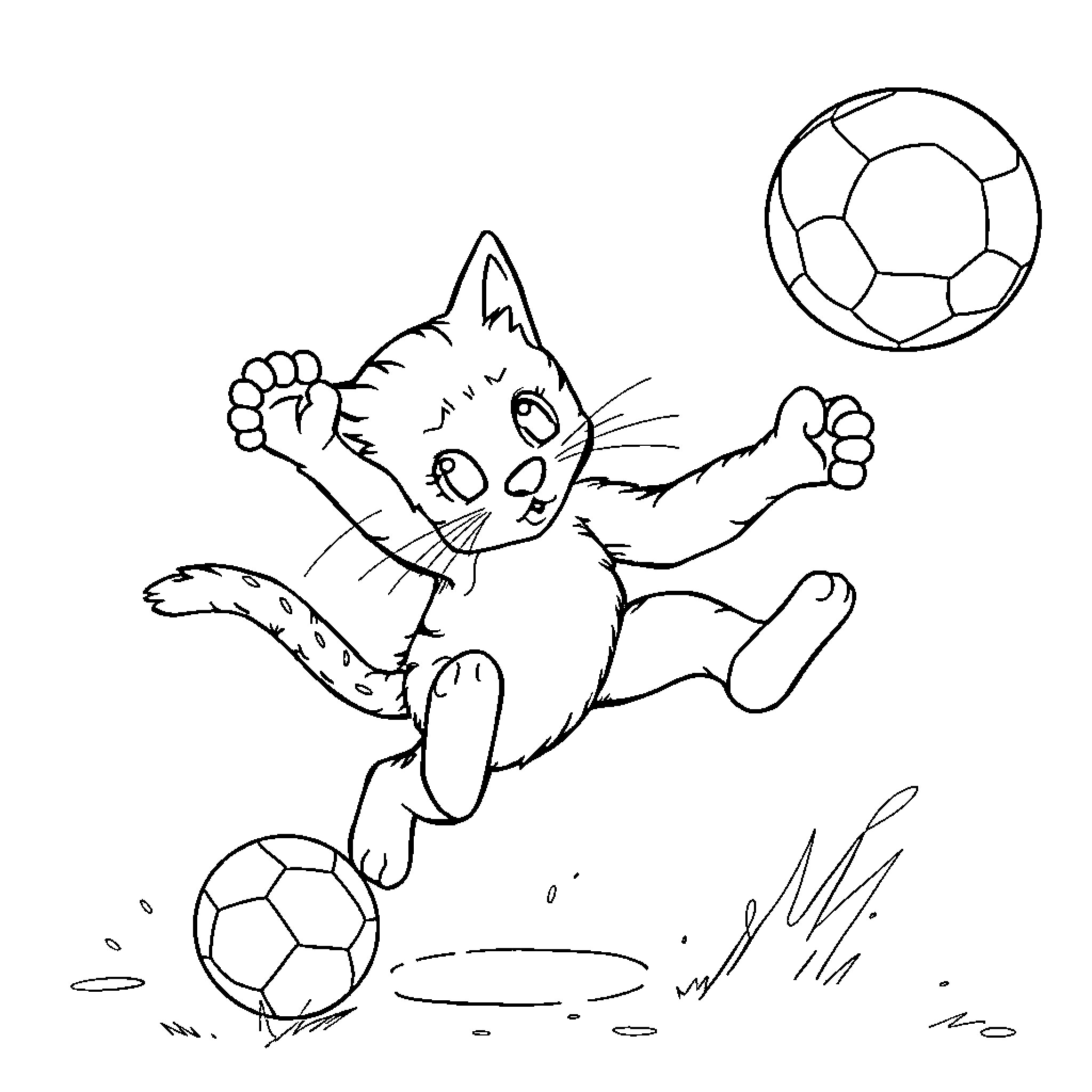 Kitten playing with soccer balls Coloring Page (free black-and-white line drawing printable PDF for all, from beginners to advanced learners, including children, teens, adults, and seniors)