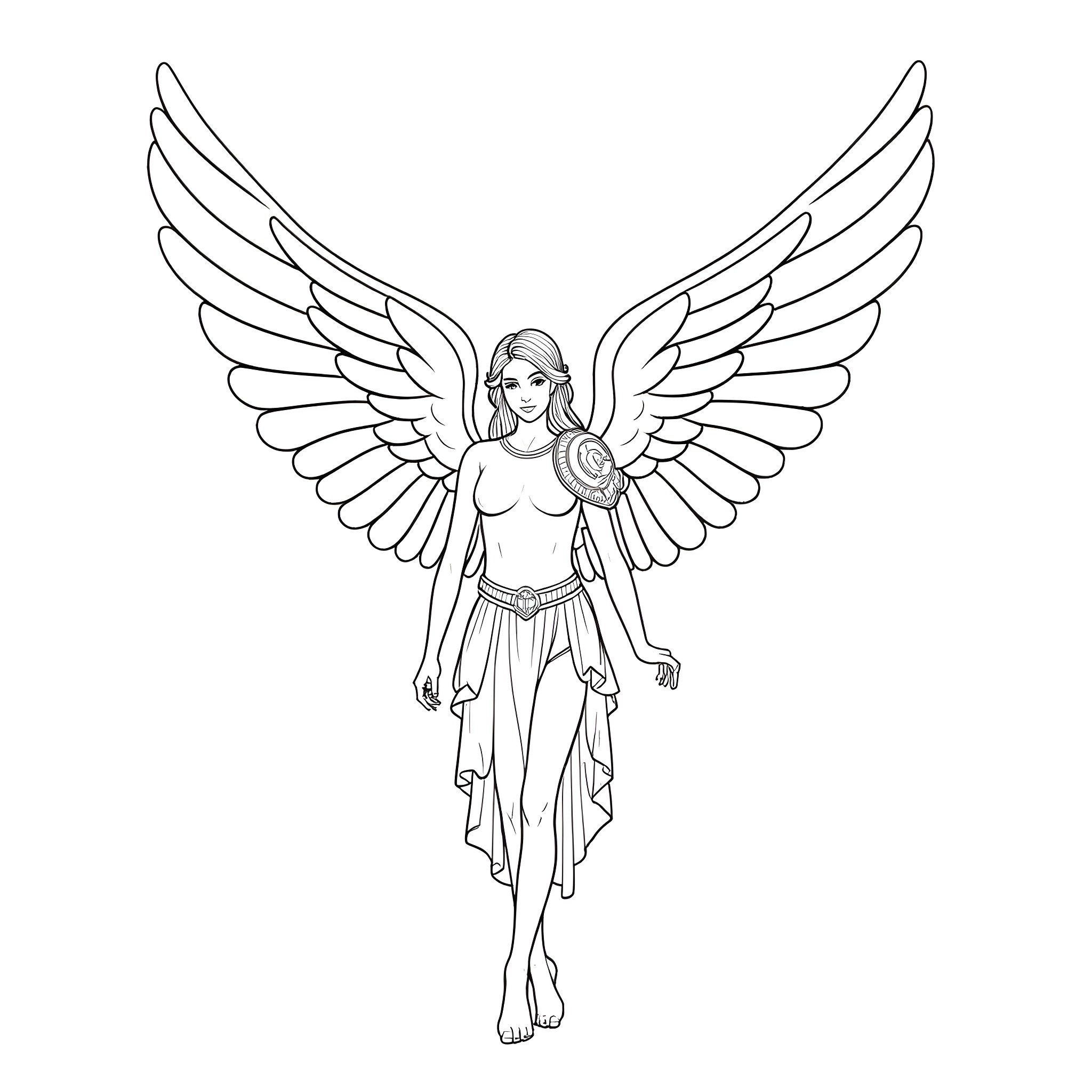 Angel with Outstretched Wings in Flight Coloring Page (free black-and-white line drawing printable PDF for all, from beginners to advanced learners, including children, teens, adults, and seniors)