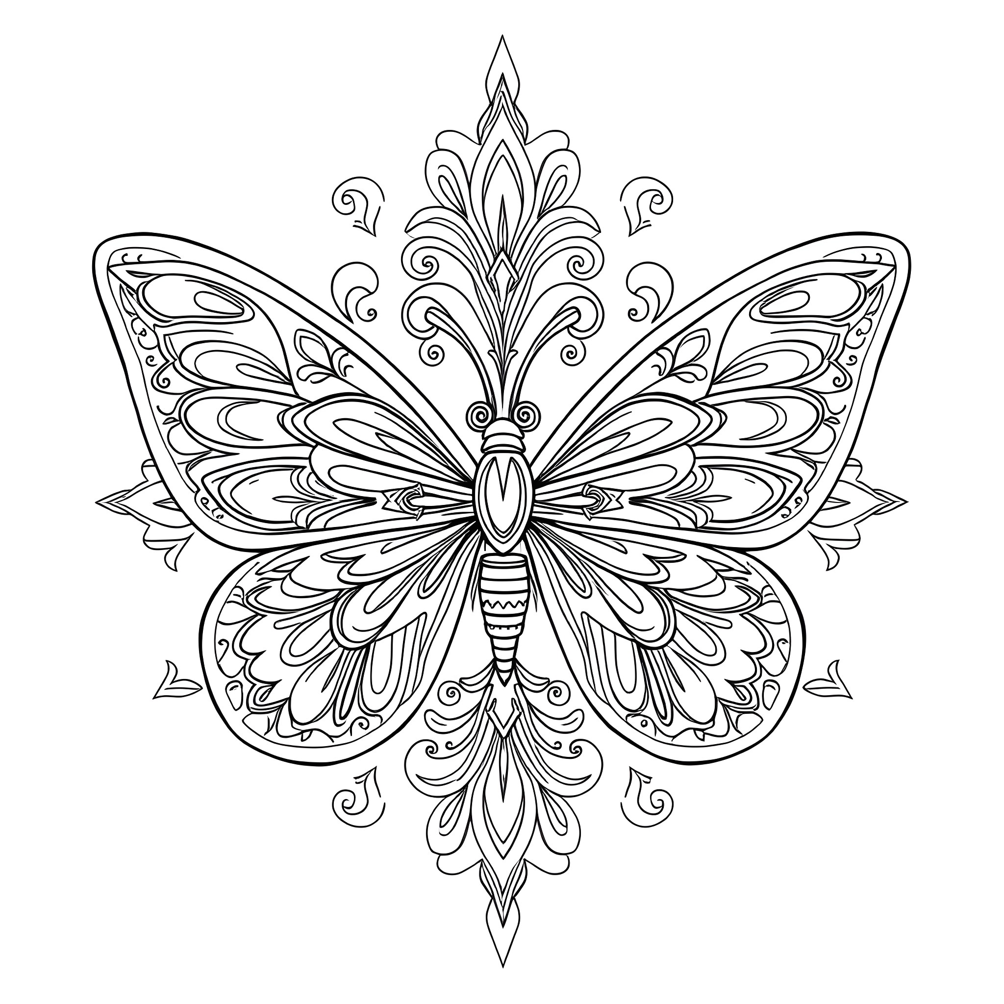 Butterfly with ornate wings and intricate patterns Coloring Page (free black-and-white line drawing printable PDF for all, from beginners to advanced learners, including children, teens, adults, and seniors)