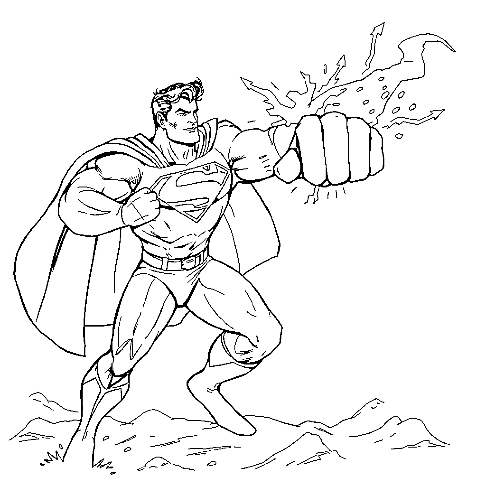Superman using his superpower to fight villains Coloring Page (free black-and-white line drawing printable PDF for all, from beginners to advanced learners, including children, teens, adults, and seniors)