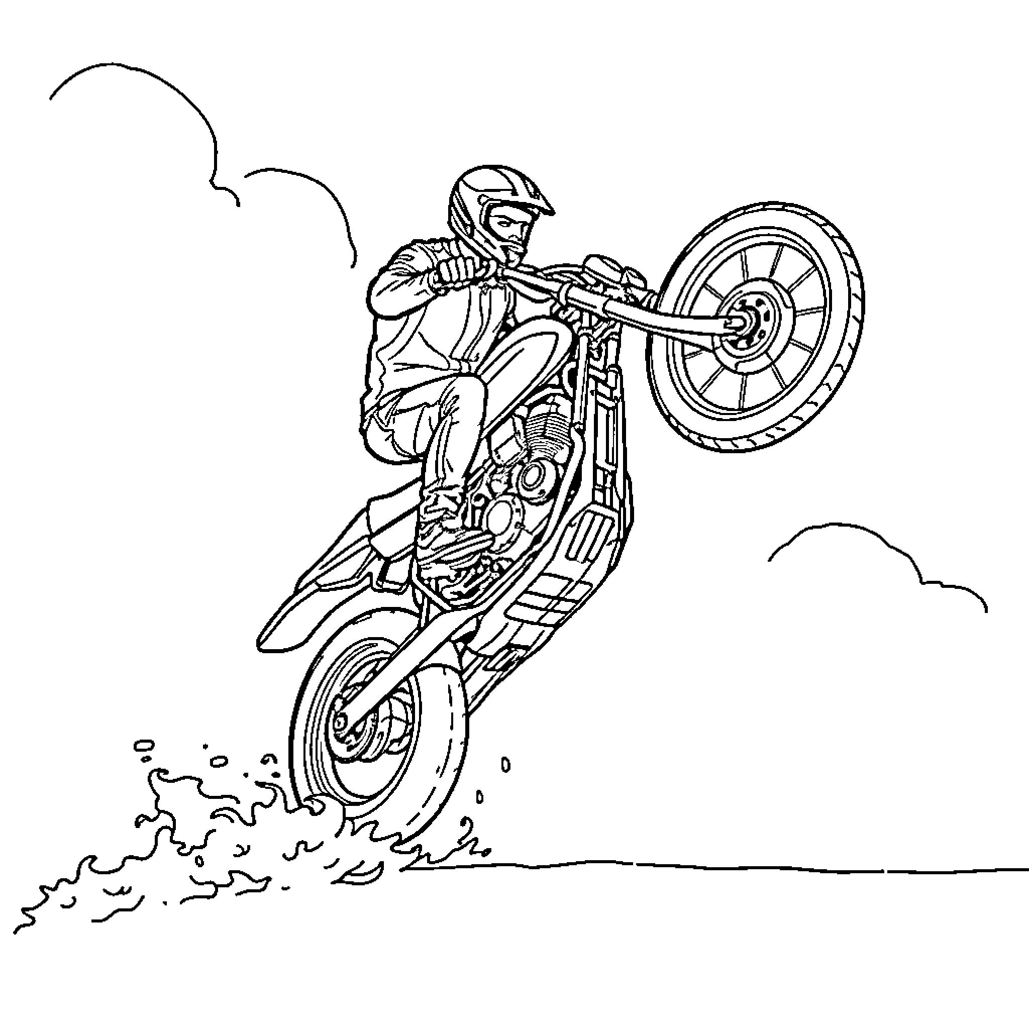 Man performing stunts on a motorcycle Coloring Page (free black-and-white line drawing printable PDF for all, from beginners to advanced learners, including children, teens, adults, and seniors)