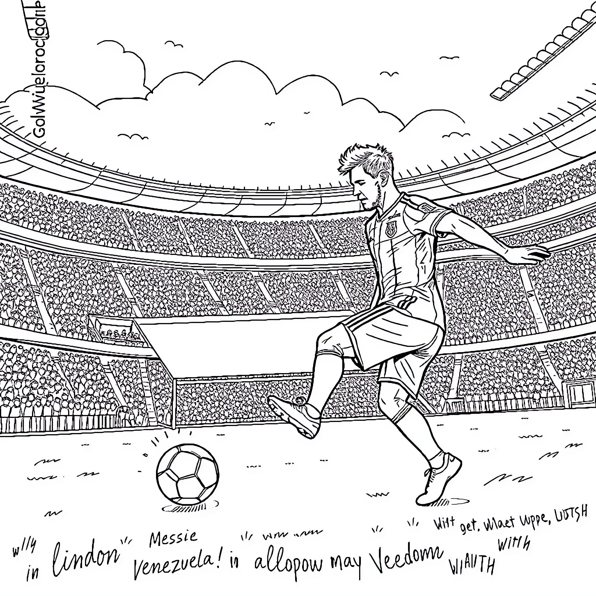 Lionel Messi kicking soccer ball in stadium Coloring Page (free black-and-white line drawing printable PDF for all, from beginners to advanced learners, including children, teens, adults, and seniors)